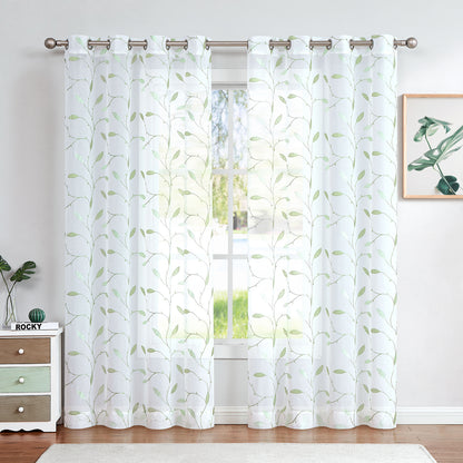 Curtainking Sheer Curtains Embroidered Leaf Window Curtains for Living Room Grommet Top 2 Panels Voile Drapes for Bedroom