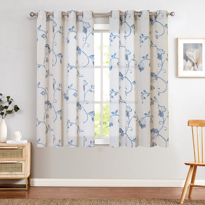 Curtainking Linen Curtains Floral Embroidery Farmhouse Light Filtering Grommet Curtain Panels 2 Pcs
