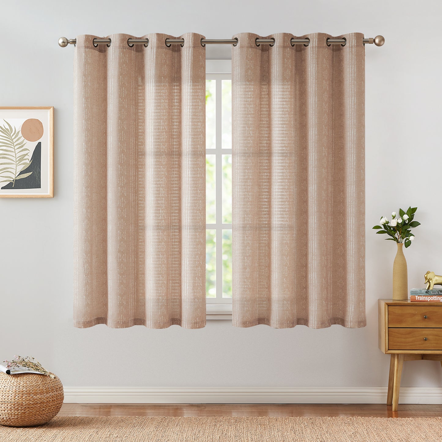 Curtainking Linen Blend Curtains Light Filtering Geometric Striped Boho Farmhouse Grommet Curtains for Living Room Pack of 2
