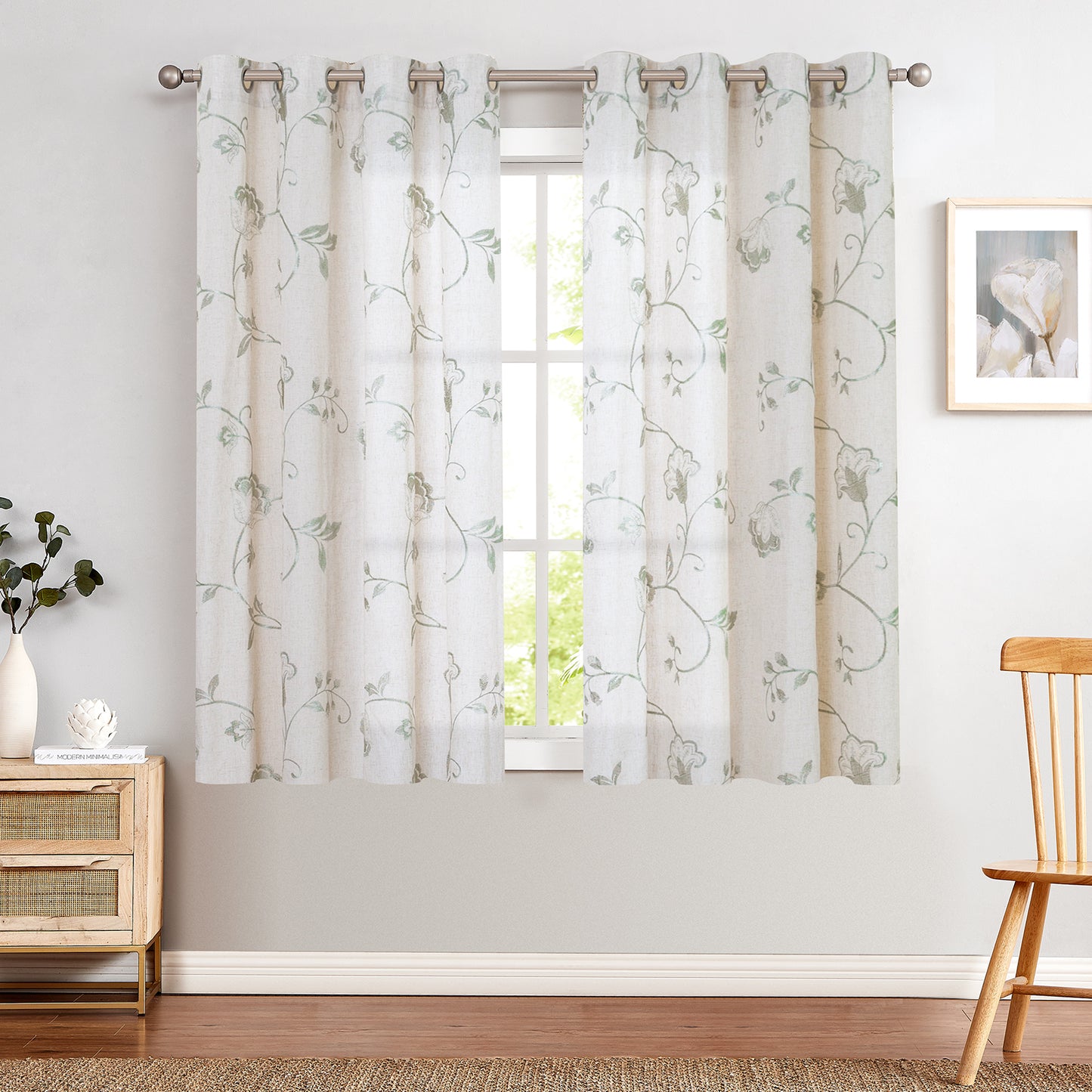 Curtainking Linen Curtains Floral Embroidery Farmhouse Light Filtering Grommet Curtain Panels 2 Pcs