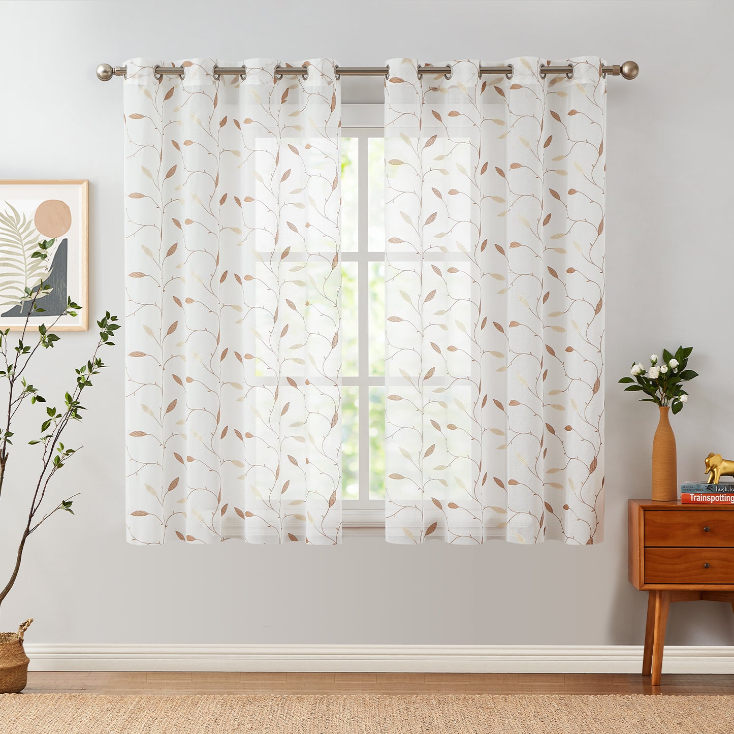 Curtainking Sheer Curtains Embroidered Leaf Window Curtains for Living Room Grommet Top 2 Panels Voile Drapes for Bedroom