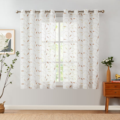 Curtainking Sheer Curtains Embroidered Leaf Window Curtains for Living Room Grommet Top 2 Panels Voile Drapes for Bedroom