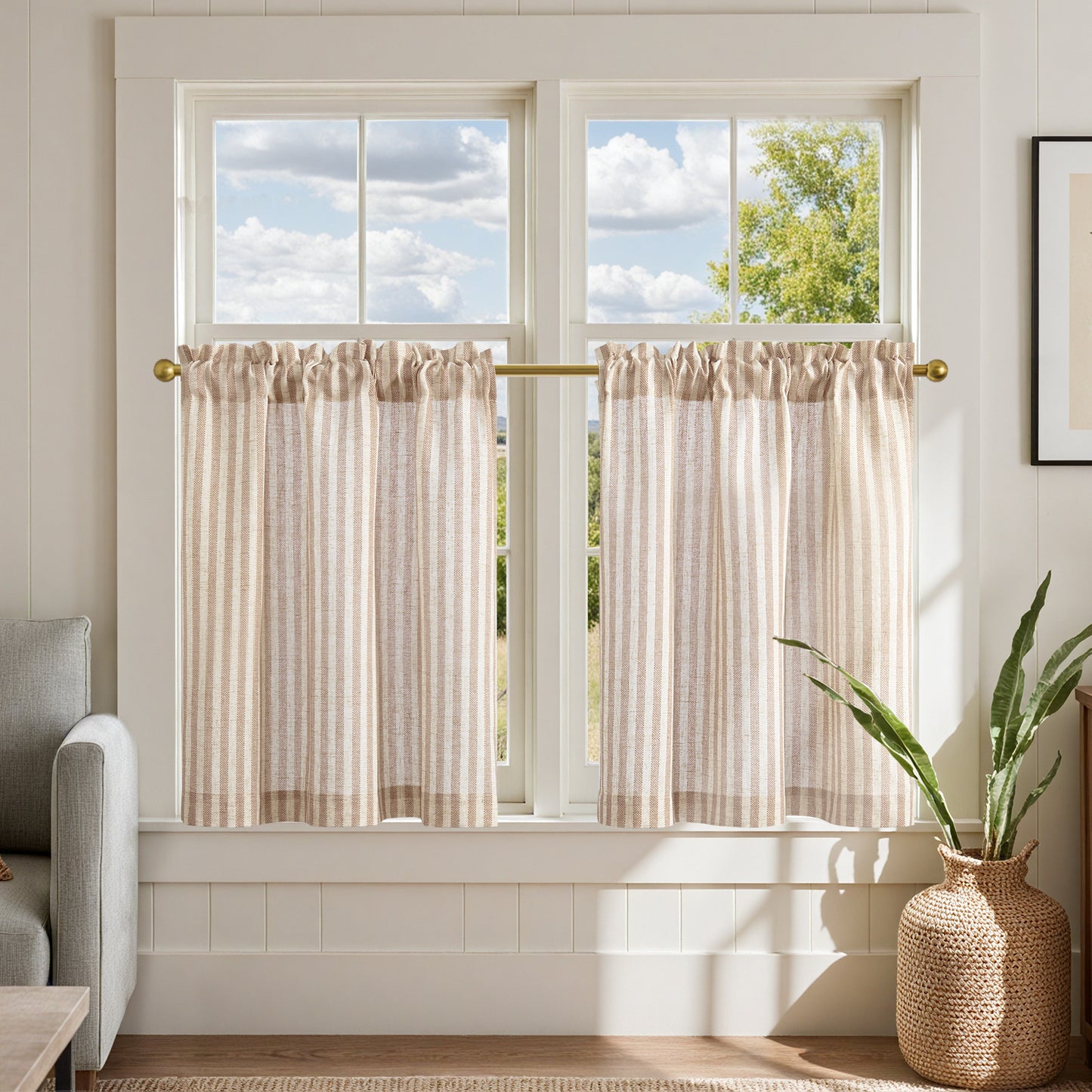 Curtainking Striped Kitchen Curtain Linen Cafe Curtains Semi-Sheer Rustic Farmhouse Tier Curtains Rod Pocket 2 Panels