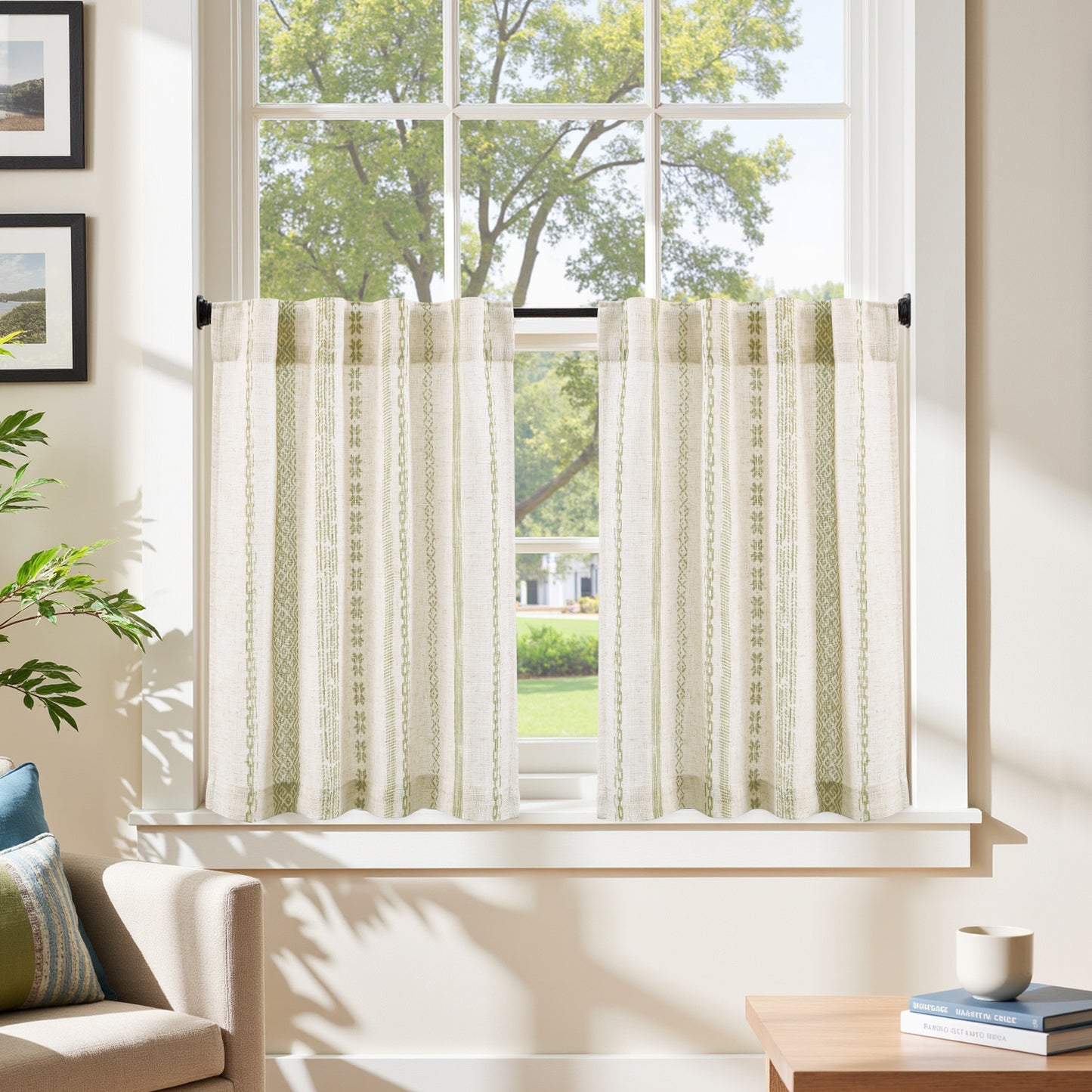 TOPICK Boho Kitchen Curtains , Geometric Pattern Bohemian Cafe Curtains with Back Tab Light Filtering, Small Window Treatment for Living Room RV, 2 Panels