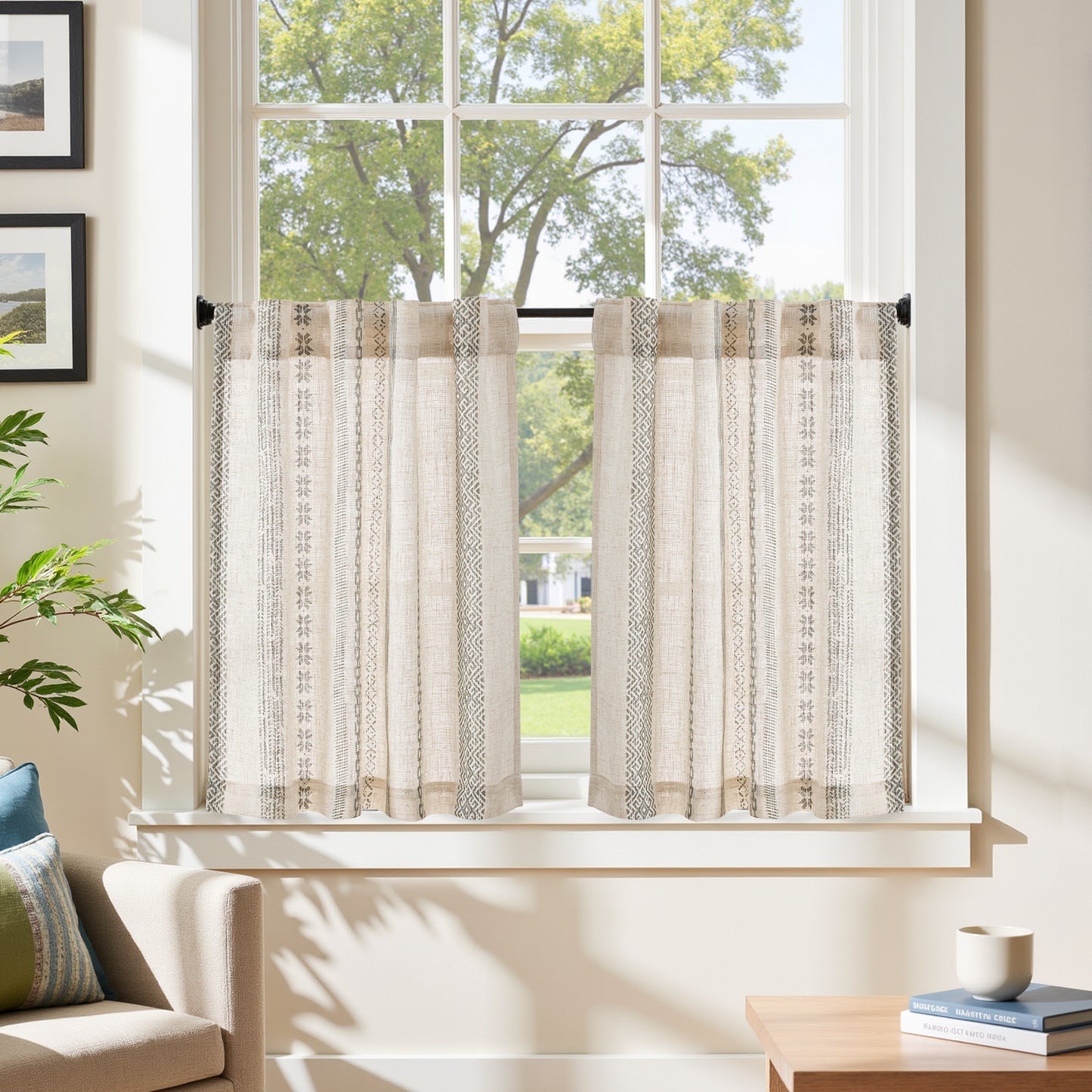 TOPICK Boho Kitchen Curtains , Geometric Pattern Bohemian Cafe Curtains with Back Tab Light Filtering, Small Window Treatment for Living Room RV, 2 Panels