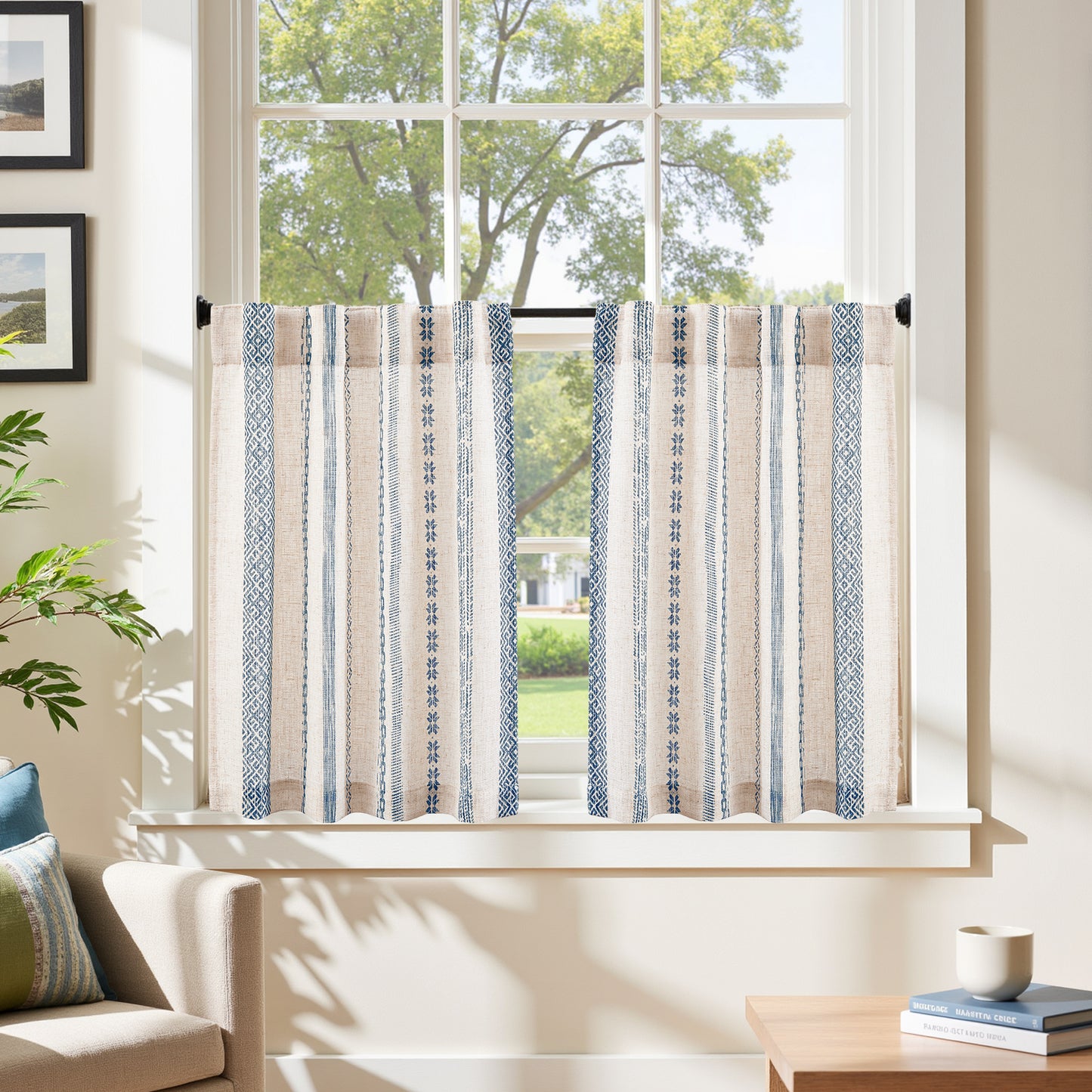 TOPICK Boho Kitchen Curtains , Geometric Pattern Bohemian Cafe Curtains with Back Tab Light Filtering, Small Window Treatment for Living Room RV, 2 Panels