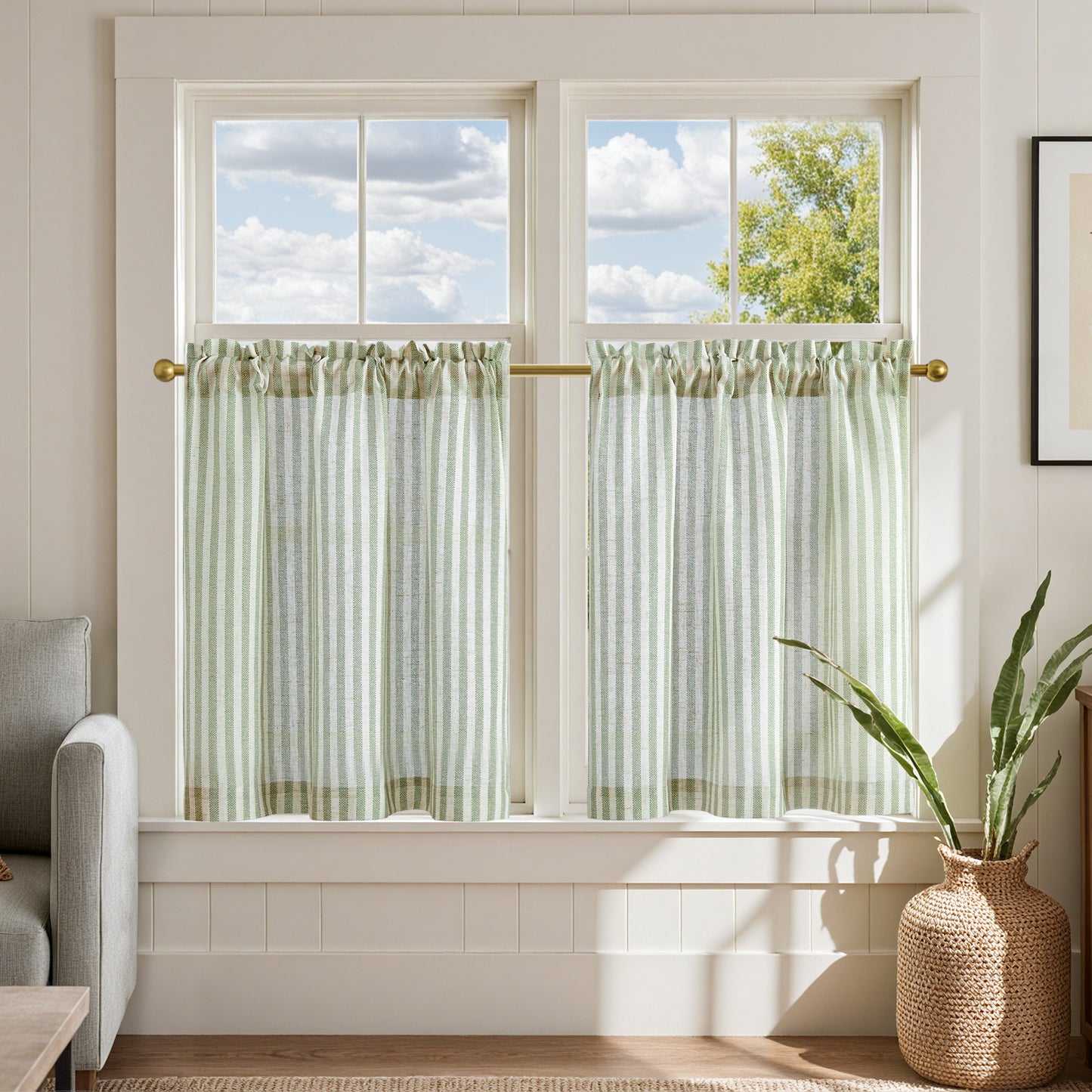 Curtainking Striped Kitchen Curtain Linen Cafe Curtains Semi-Sheer Rustic Farmhouse Tier Curtains Rod Pocket 2 Panels