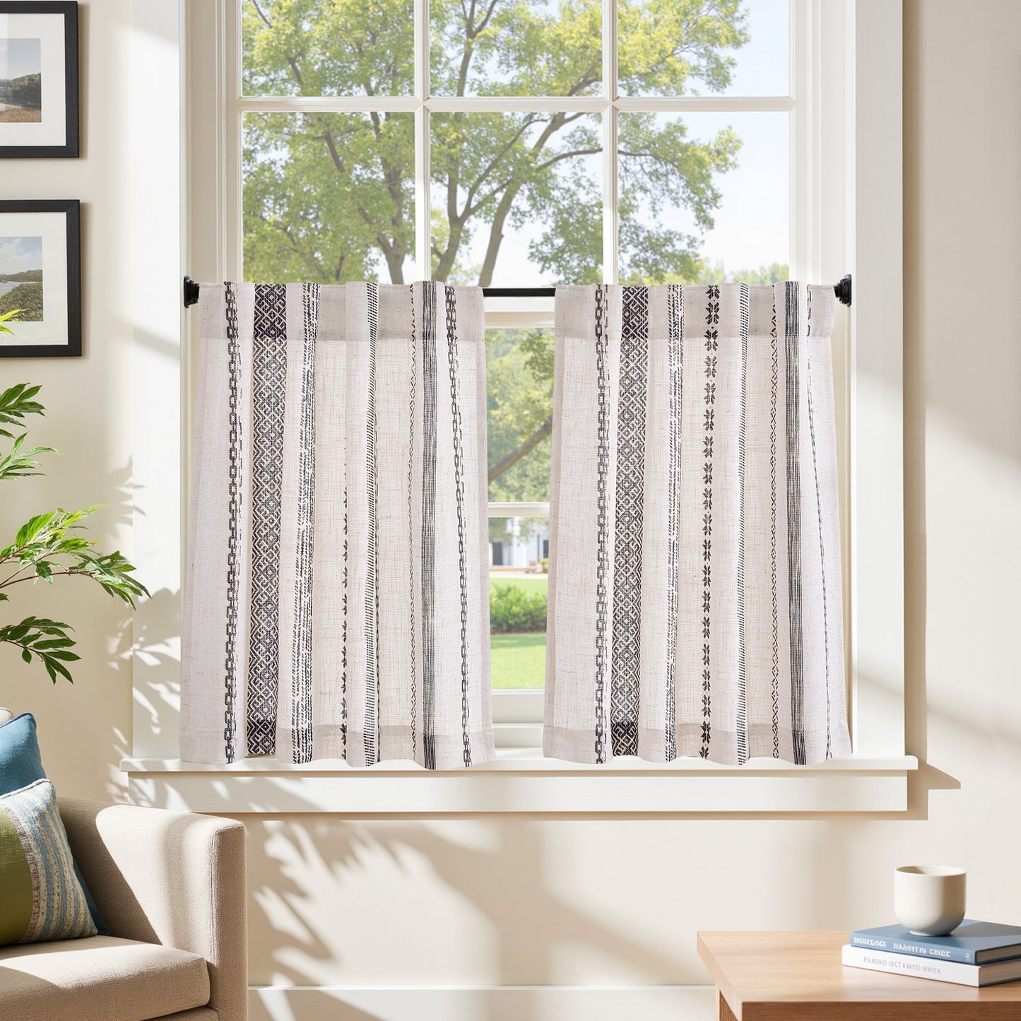 TOPICK Boho Kitchen Curtains , Geometric Pattern Bohemian Cafe Curtains with Back Tab Light Filtering, Small Window Treatment for Living Room RV, 2 Panels