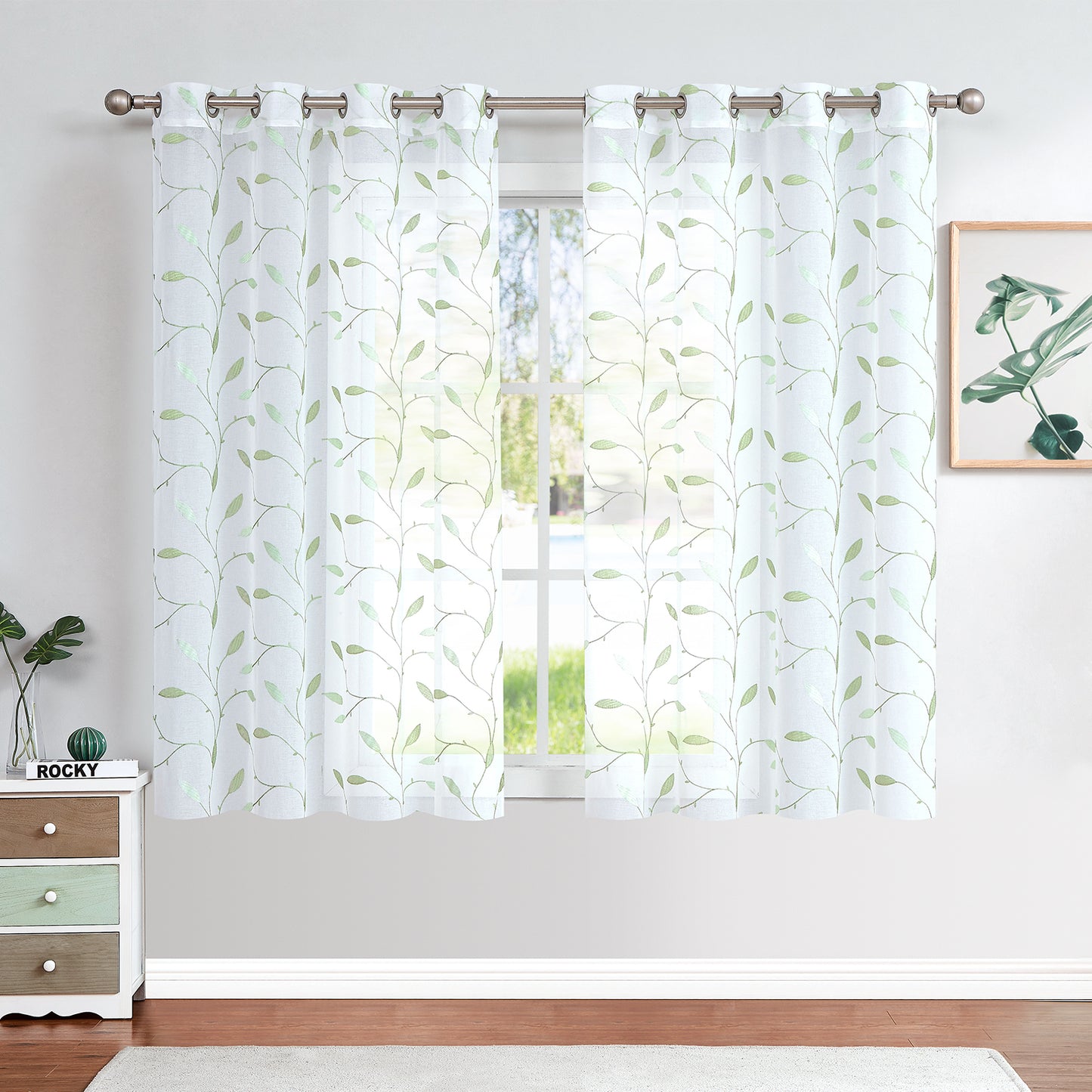 Curtainking Sheer Curtains Embroidered Leaf Window Curtains for Living Room Grommet Top 2 Panels Voile Drapes for Bedroom