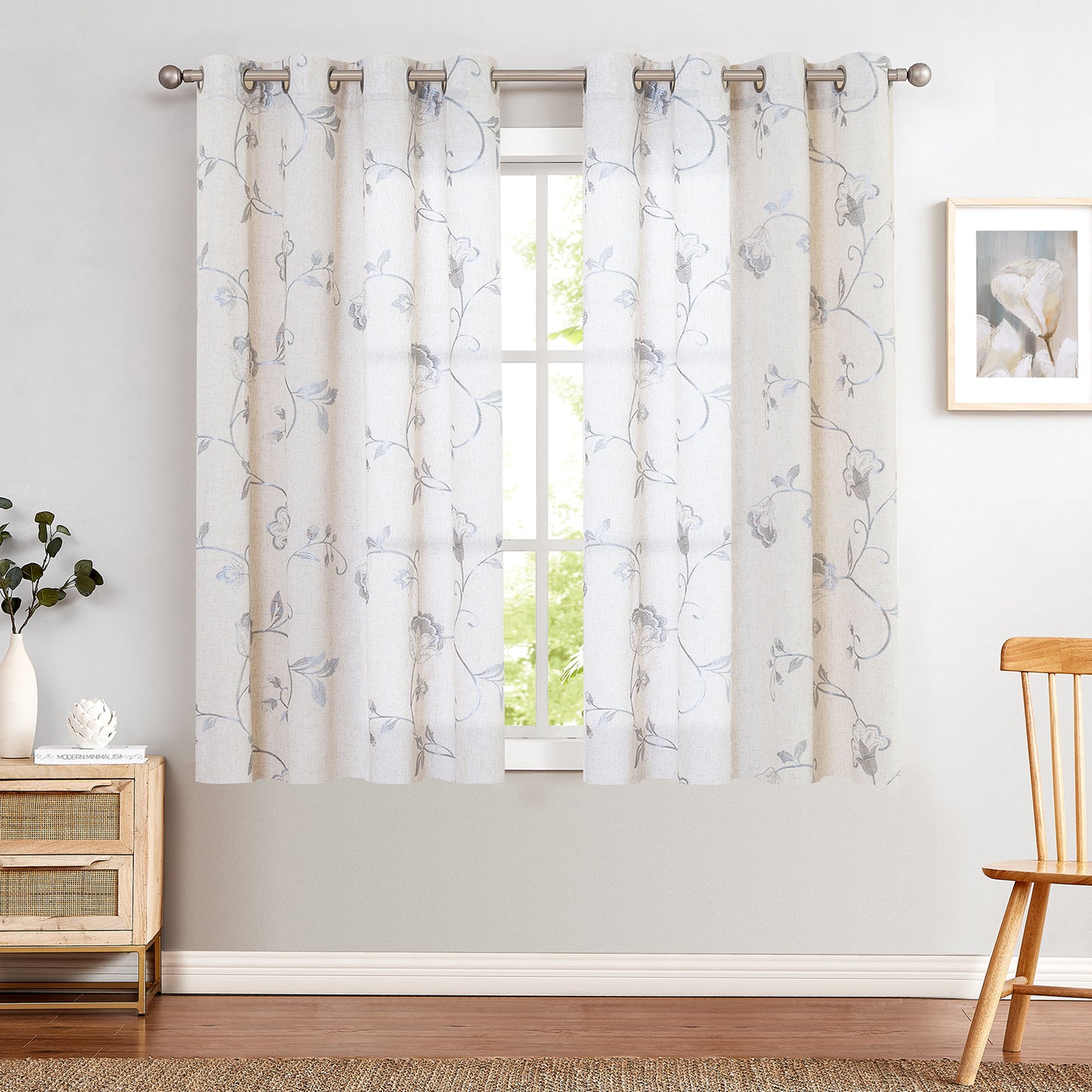 Curtainking Linen Curtains Floral Embroidery Farmhouse Light Filtering Grommet Curtain Panels 2 Pcs