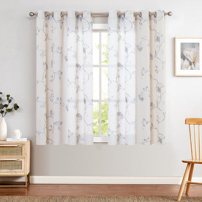 Curtainking Linen Curtains Floral Embroidery Farmhouse Light Filtering Grommet Curtain Panels 2 Pcs