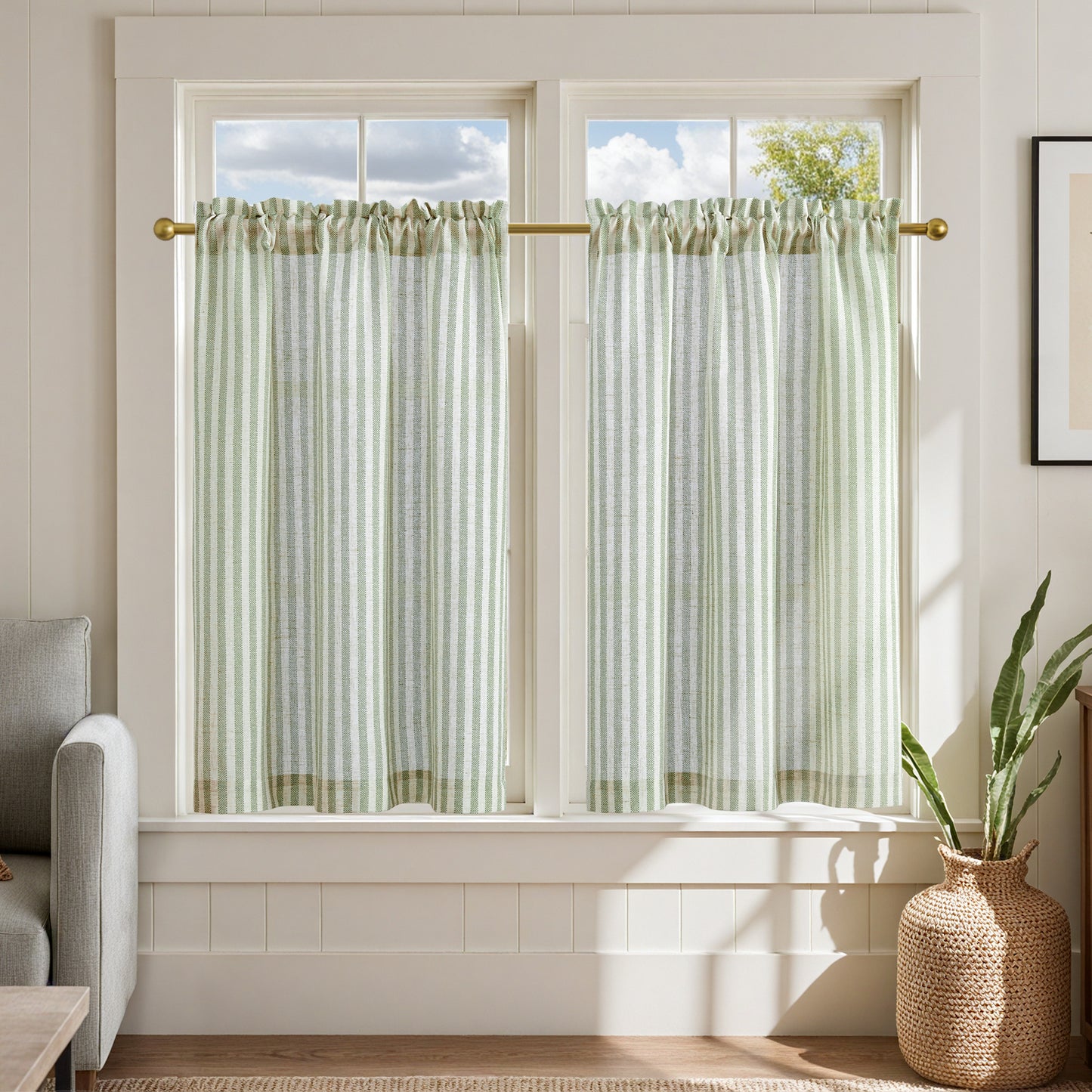 Curtainking Striped Kitchen Curtain Linen Cafe Curtains Semi-Sheer Rustic Farmhouse Tier Curtains Rod Pocket 2 Panels