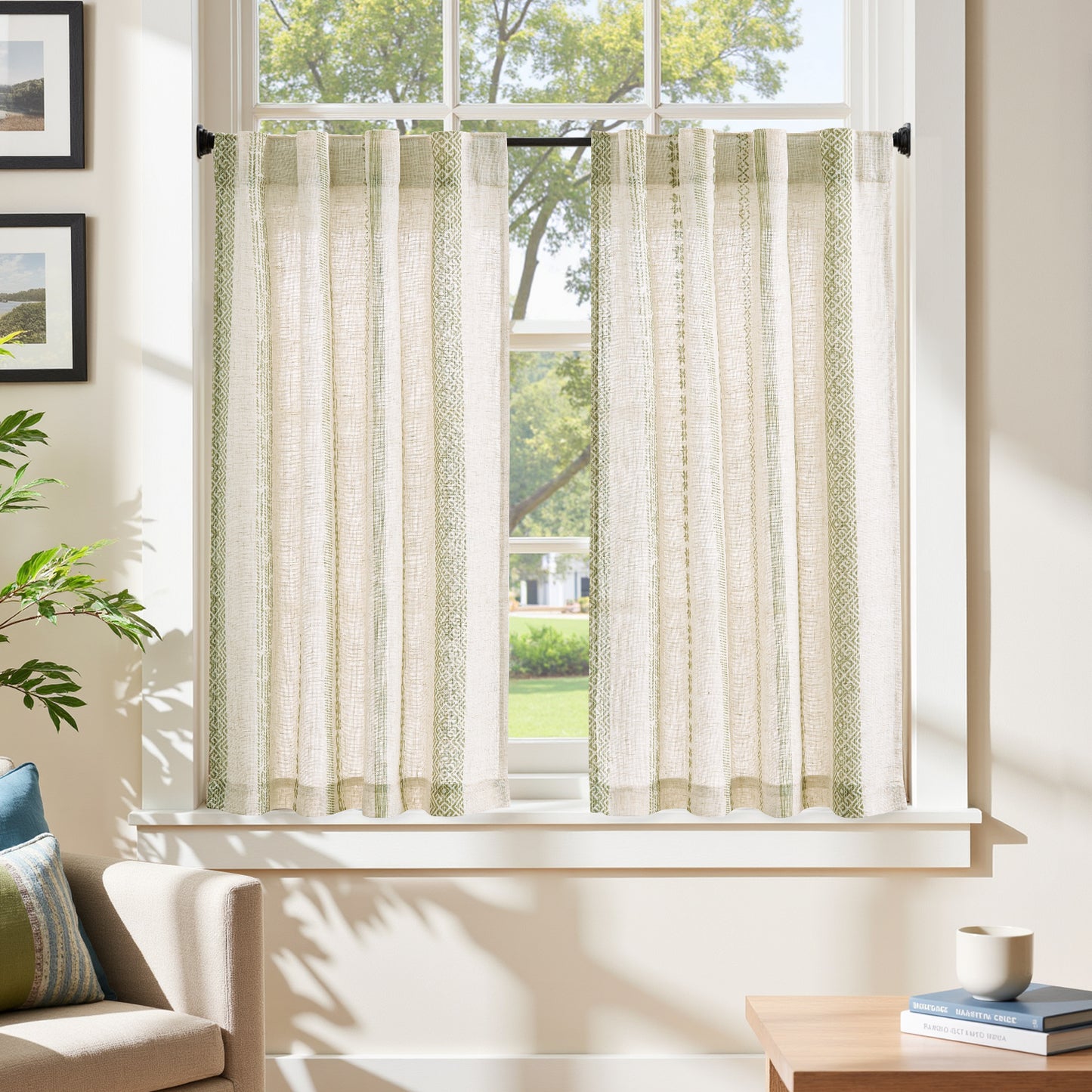 TOPICK Boho Kitchen Curtains , Geometric Pattern Bohemian Cafe Curtains with Back Tab Light Filtering, Small Window Treatment for Living Room RV, 2 Panels