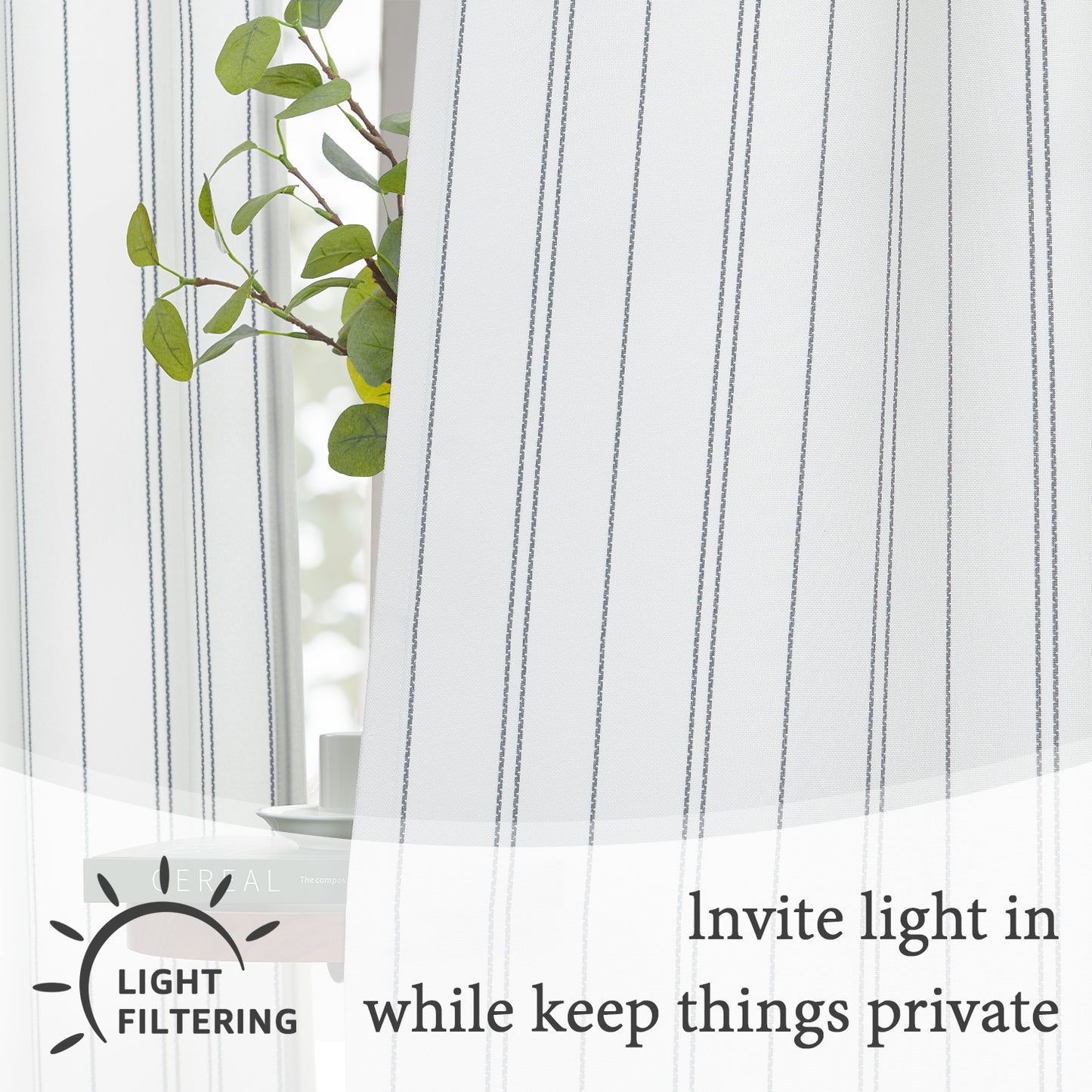 TOPICK White Curtains Striped Curtains for Living Room Bedroom Modern Pinstriped Light Filtering Back Tab Rod Pocket 2 Panels