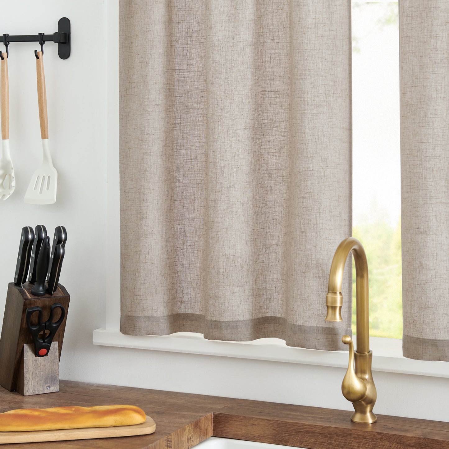 Curtainking Farmhouse Rod Pocket Semi-Sheer Cafe Curtains, Linen Textured Window Curtains, 2 Panels