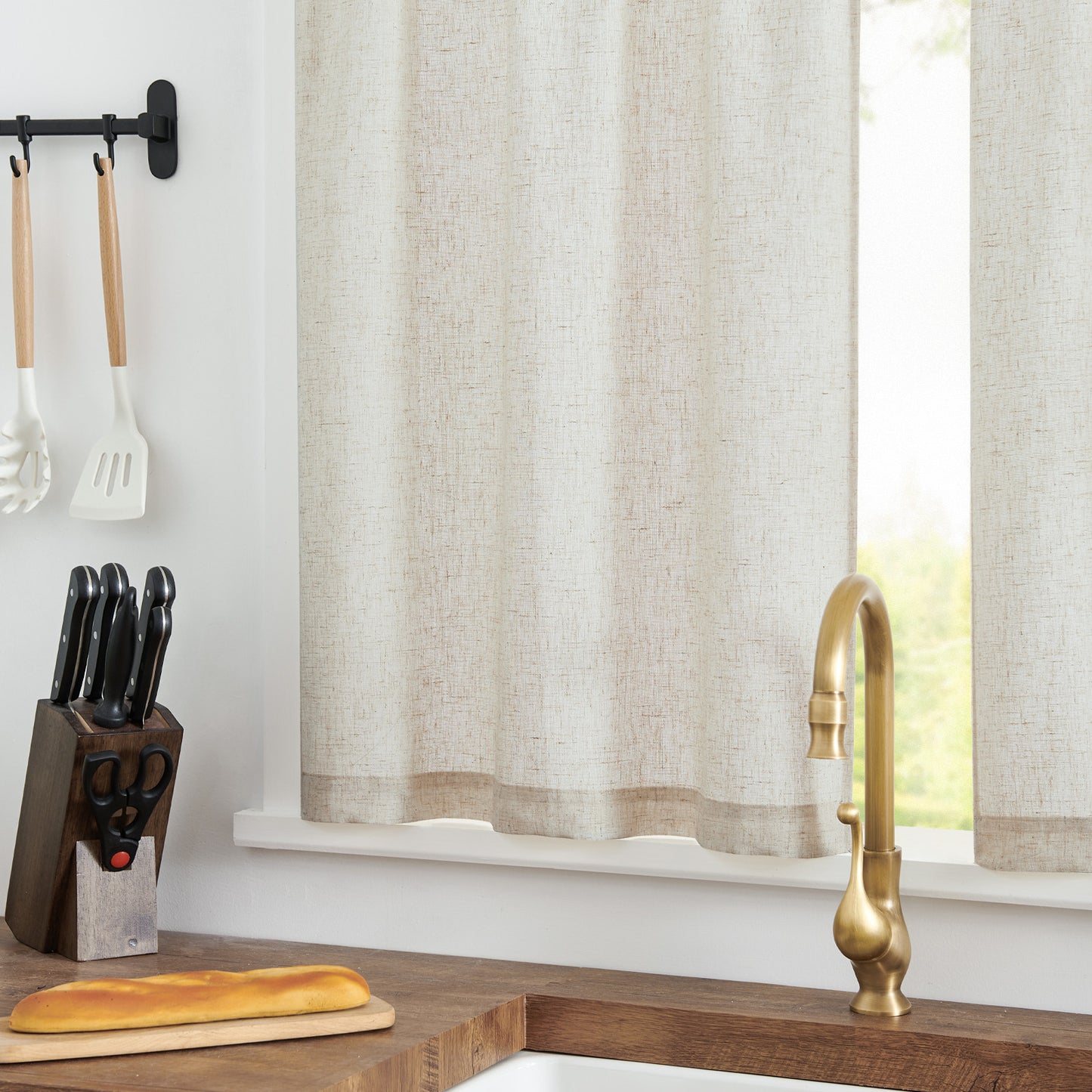 Curtainking Farmhouse Rod Pocket Semi-Sheer Cafe Curtains, Linen Textured Window Curtains, 2 Panels