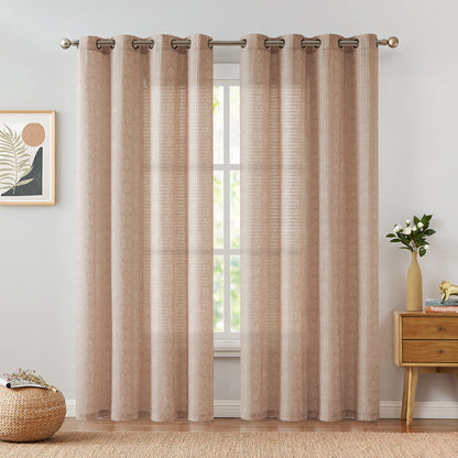 Curtainking Linen Blend Curtains Light Filtering Geometric Striped Boho Farmhouse Grommet Curtains for Living Room Pack of 2