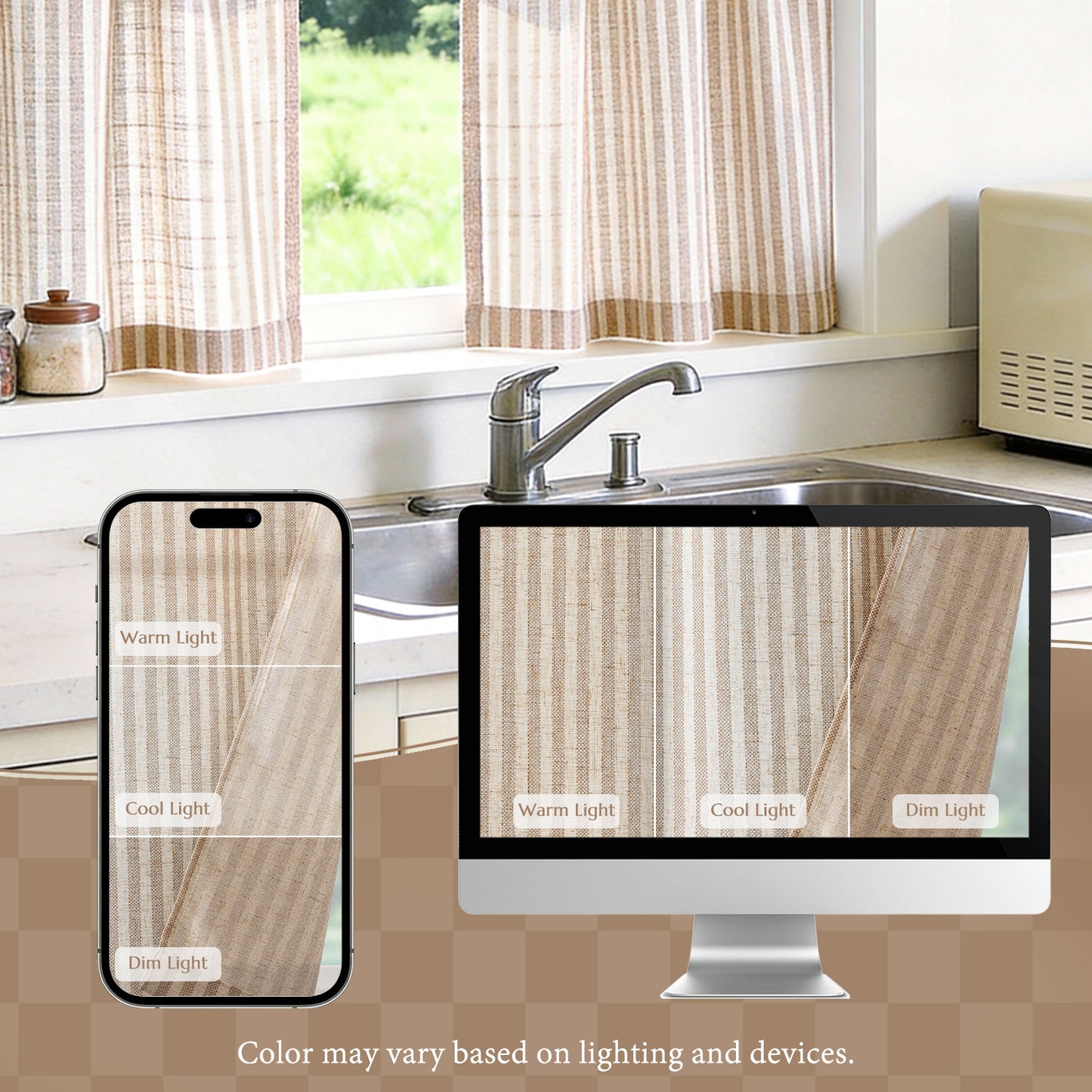TOPICK Striped Kitchen Curtains and Valance Set Small Linen Curtains for Cafe Living Room Bathroom Farmhouse 3 Pieces Set Rod Pocket
