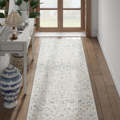 RUGKING Lake Blue Vintage Area Rug Floral Carpet Distressed Mat, Foldable Non Slip Accent Rug for Kitchen Living Room
