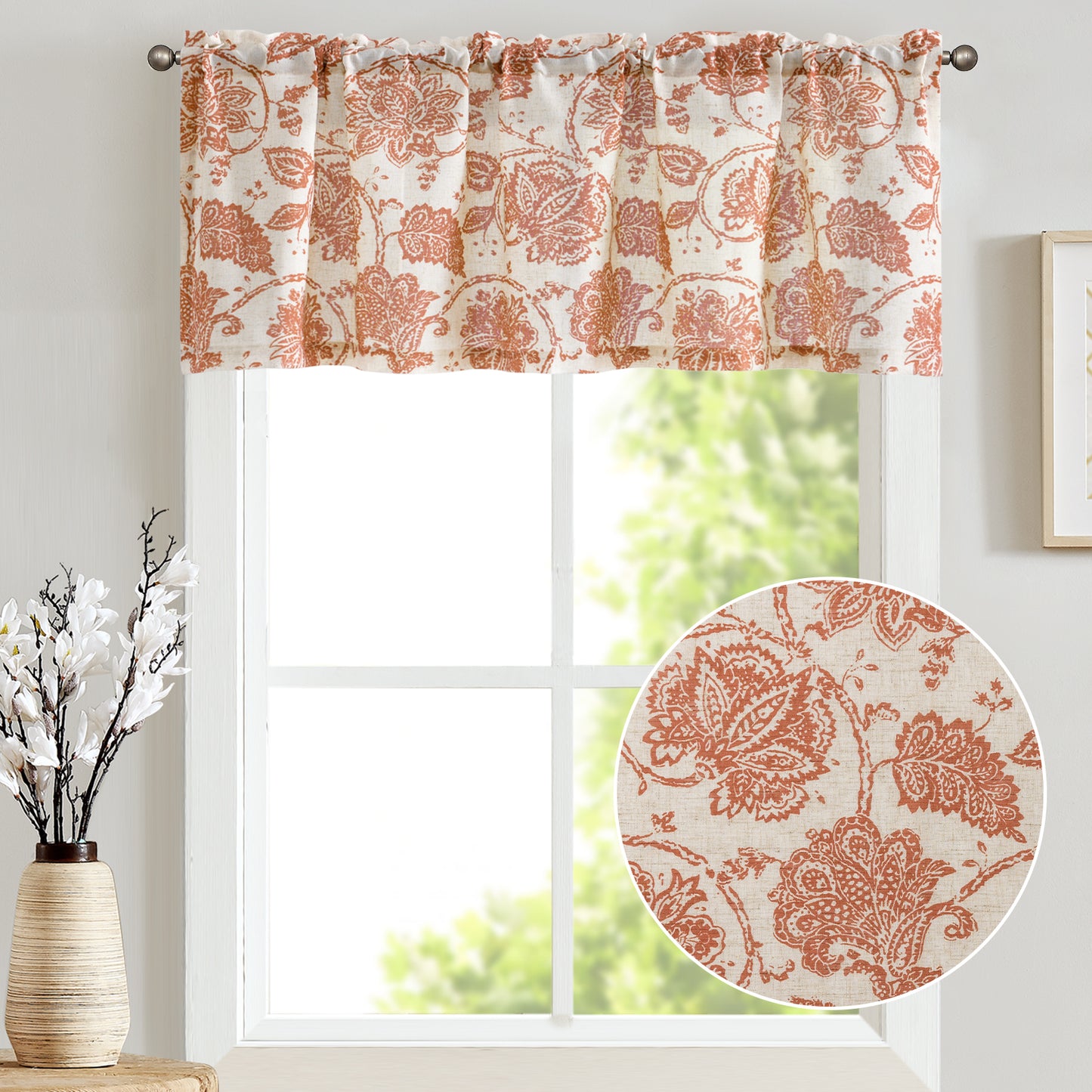 Curtainking Kitchen Valance  Linen Textured Floral Printed Small Window Valance 1 Panel