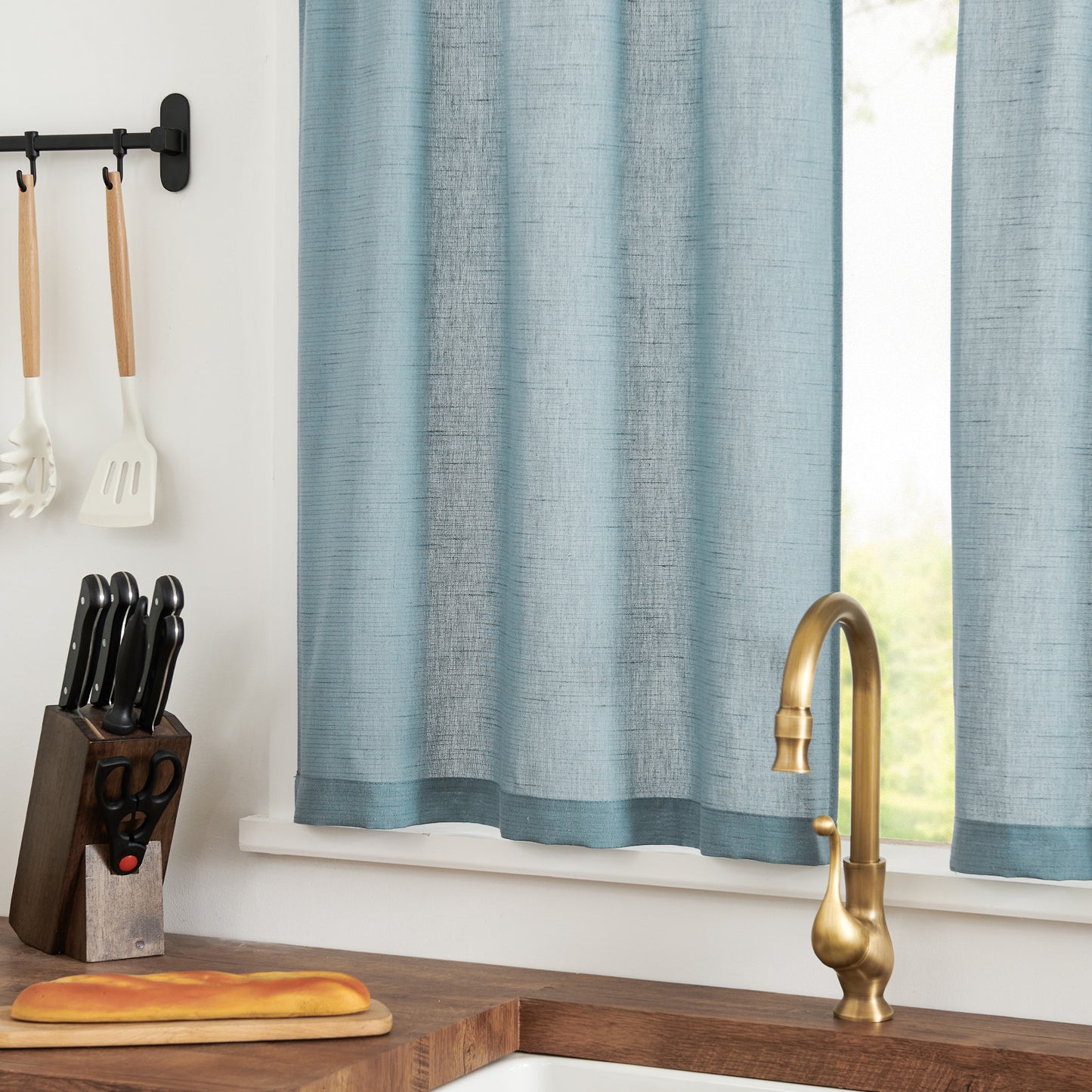 Curtainking Farmhouse Rod Pocket Semi-Sheer Cafe Curtains, Linen Textured Window Curtains, 2 Panels