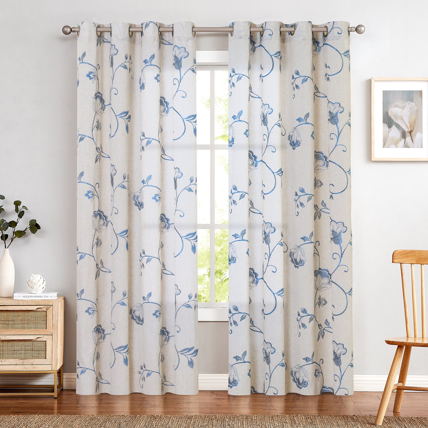 Curtainking Linen Curtains Floral Embroidery Farmhouse Light Filtering Grommet Curtain Panels 2 Pcs