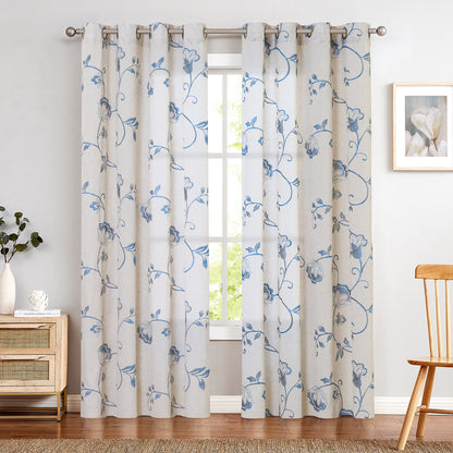 Curtainking Linen Curtains Floral Embroidery Farmhouse Light Filtering Grommet Curtain Panels 2 Pcs