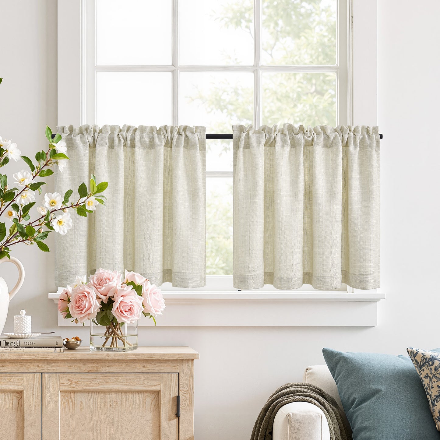 CURTAINKING Kitchen Curtains Linen Textured Cafe Curtains for Bathroom Farmhouse Light Filtering Tier Curtains Rod Pocket 2 Panels