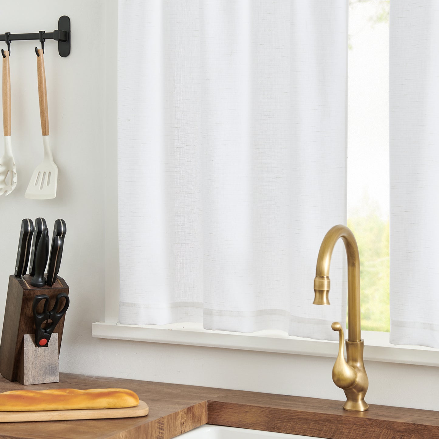 Curtainking Farmhouse Rod Pocket Semi-Sheer Cafe Curtains, Linen Textured Window Curtains, 2 Panels