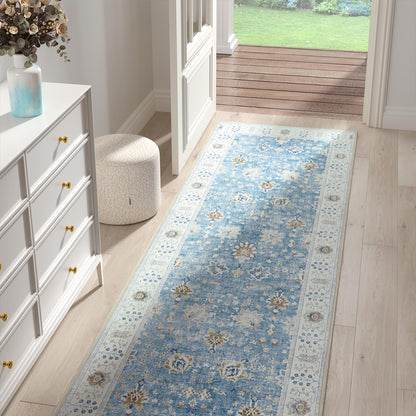 RUGKING Living Room Rug Floral Printed Blue Indoor Accent Mat with Non-slip backing Retro Persian Rugs for Bedroom Dining Room