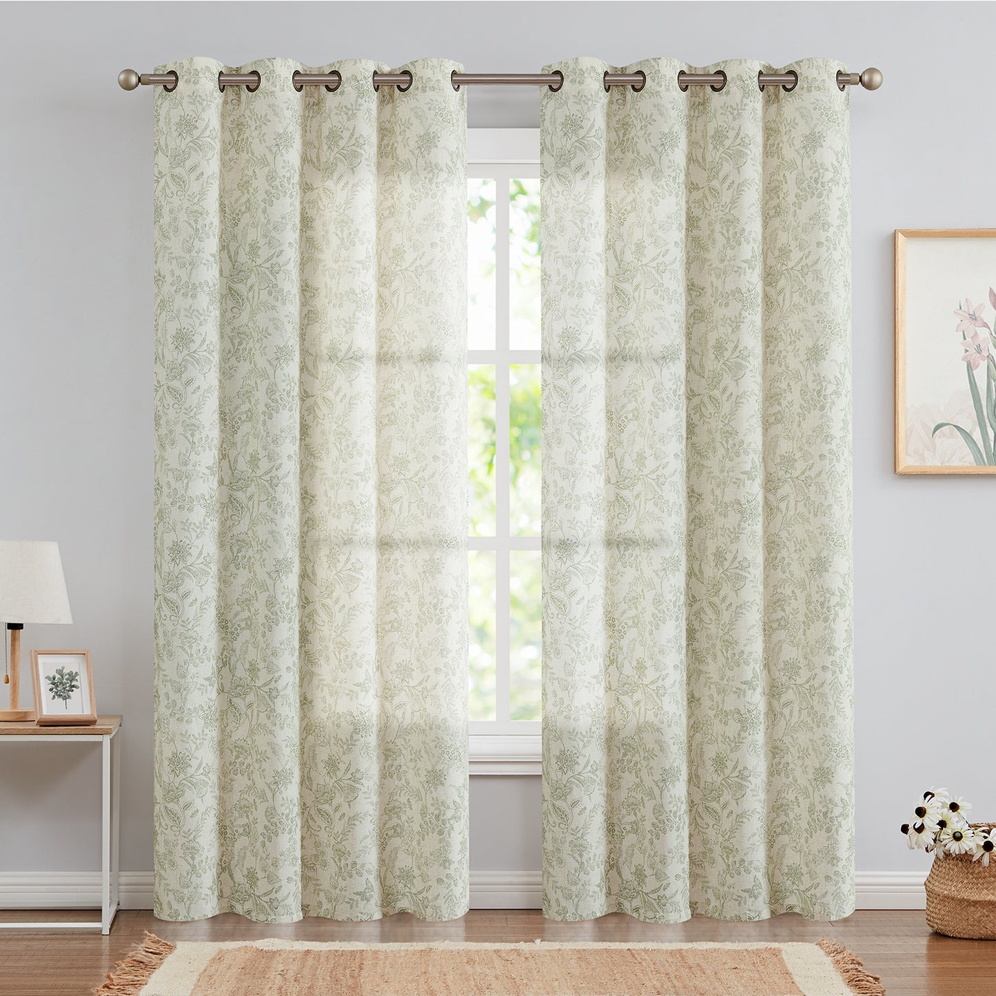 Curtainking Floral Curtains Linen Farmhouse Curtains for Living Room Country Curtains Grommet Top Semi Sheer Curtains Light Filtering 2 Panels