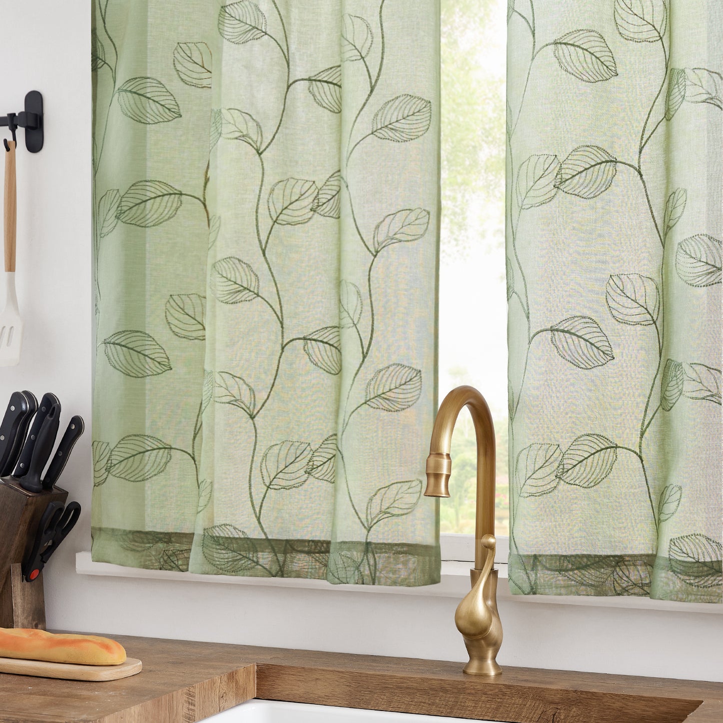 Curtainking Kitchen Curtains Leaf Embroidered Sheer Kitchen Windows Small Cafe Curtains Rod Pocket 2 Panels