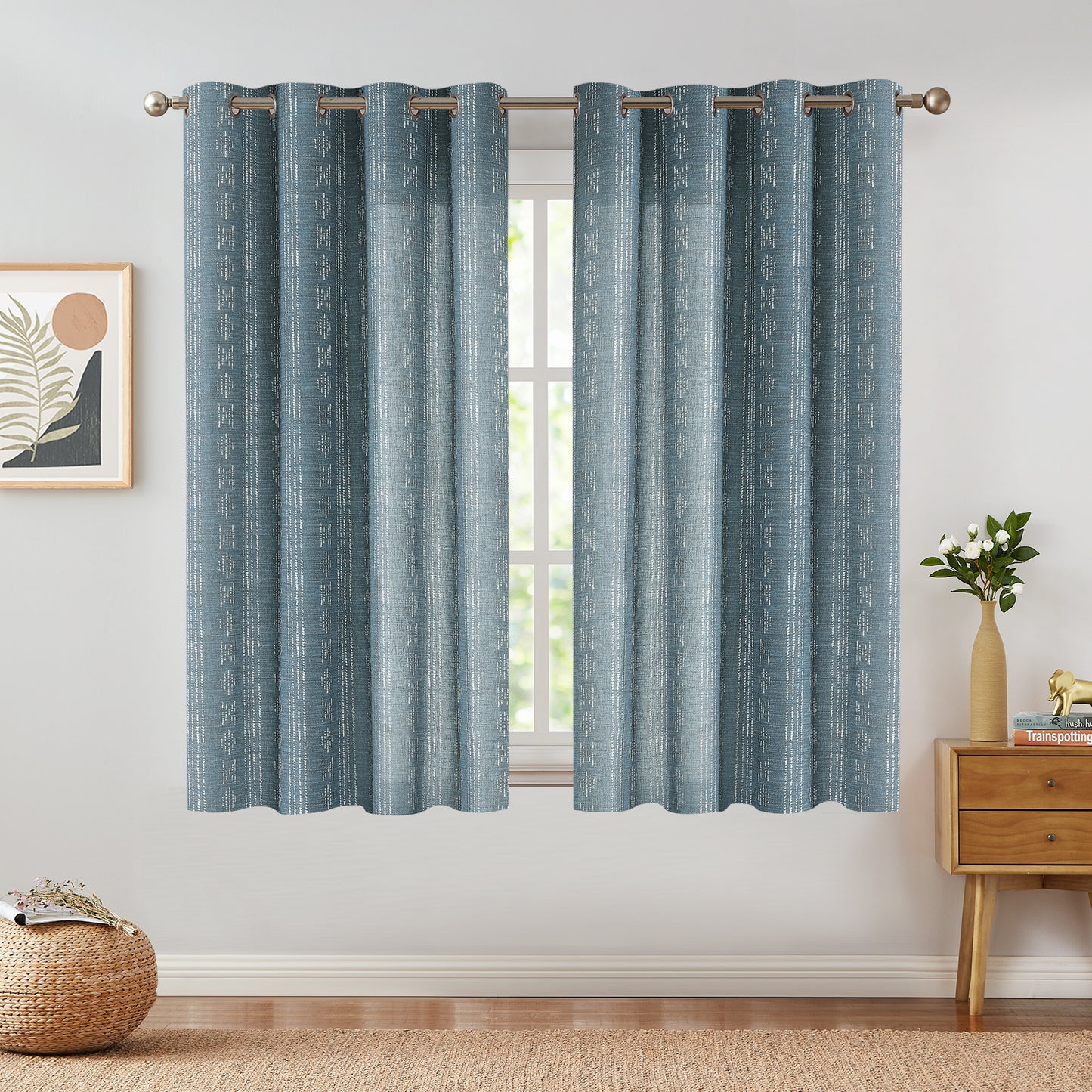 Curtainking Linen Blend Curtains Light Filtering Geometric Striped Boho Farmhouse Grommet Curtains for Living Room Pack of 2