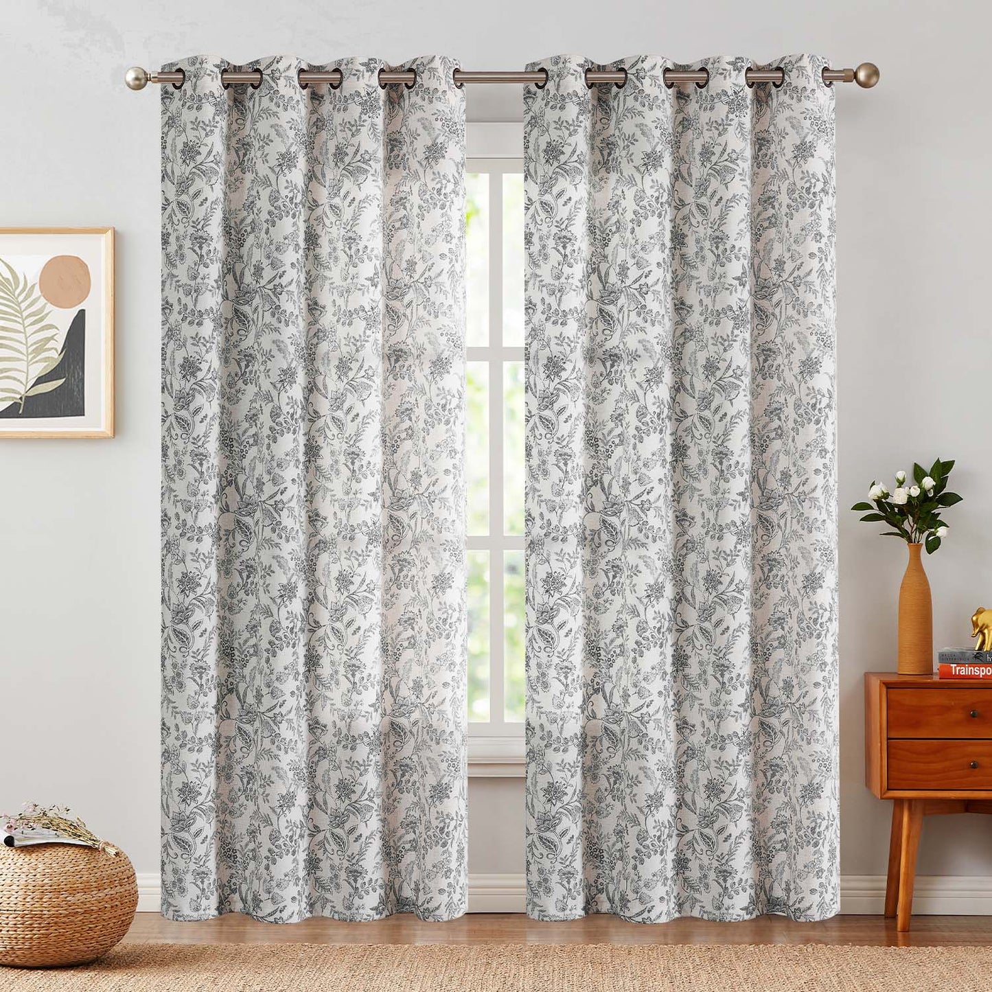Curtainking Floral Curtains Linen Farmhouse Curtains for Living Room Country Curtains Grommet Top Semi Sheer Curtains Light Filtering 2 Panels