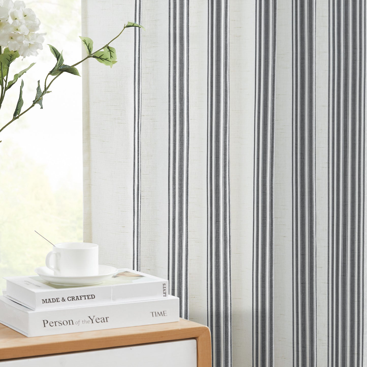 Curtainking Striped Linen Curtains Farmhouse Rustic Curtains for Living Room Semi Sheer Back Tab Light Filtering Coastal Drapes for Bedroom Window Curtain 2 Panels