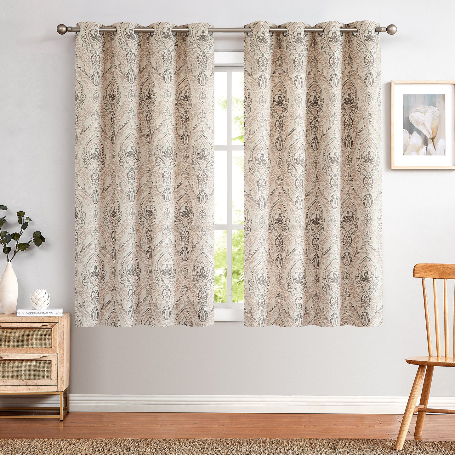Curtainking Damask Printed Curtains for Bedroom Living Room Linen Textured Thermal Insulated Curtains Grommet 2 Panels