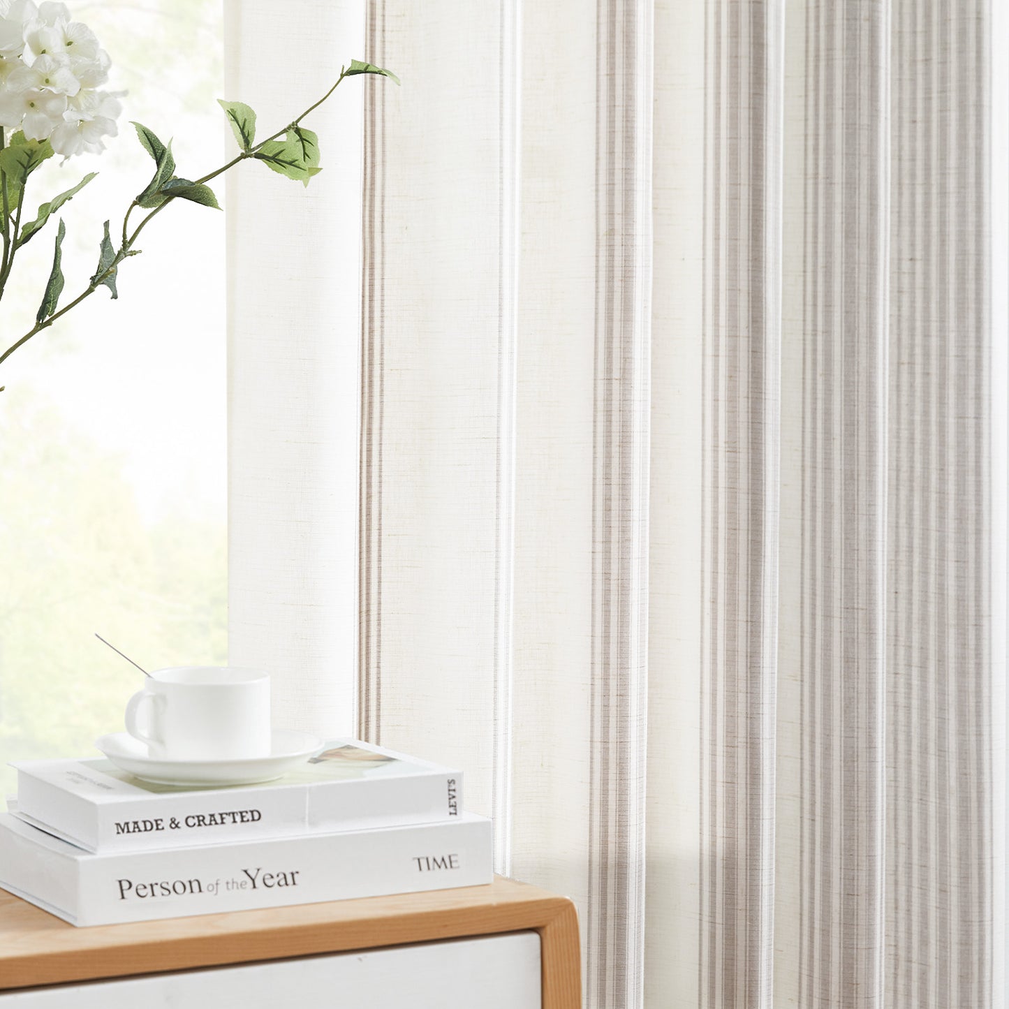 Curtainking Striped Linen Curtains Farmhouse Rustic Curtains for Living Room Semi Sheer Back Tab Light Filtering Coastal Drapes for Bedroom Window Curtain 2 Panels
