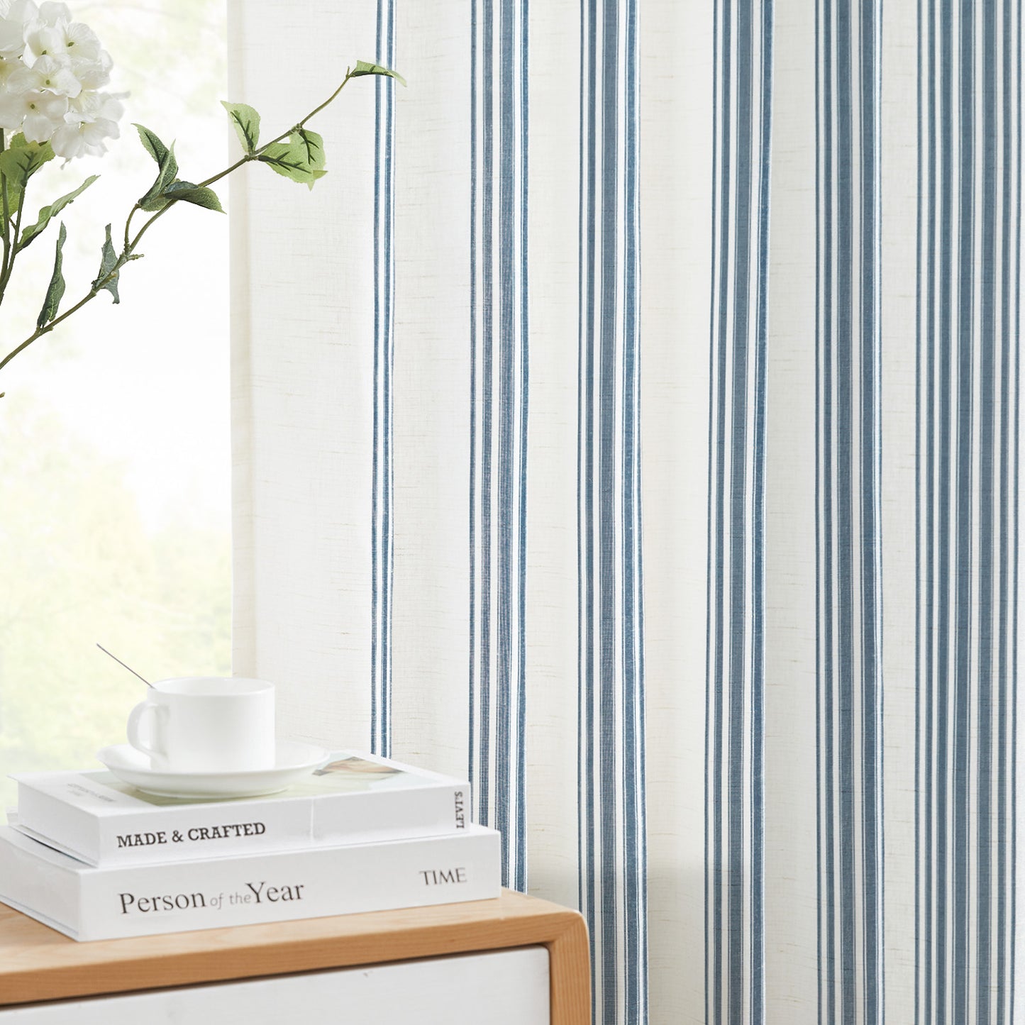 Curtainking Striped Linen Curtains Farmhouse Rustic Curtains for Living Room Semi Sheer Back Tab Light Filtering Coastal Drapes for Bedroom Window Curtain 2 Panels