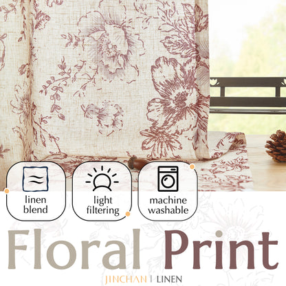 CURTAINKING Linen Curtains Floral Curtains for Living Room Printed Curtains Rod Pocket Back Tab Farmhouse Peony Flower Patterned Drapes Bedroom Window Curtain Set 2 Panels