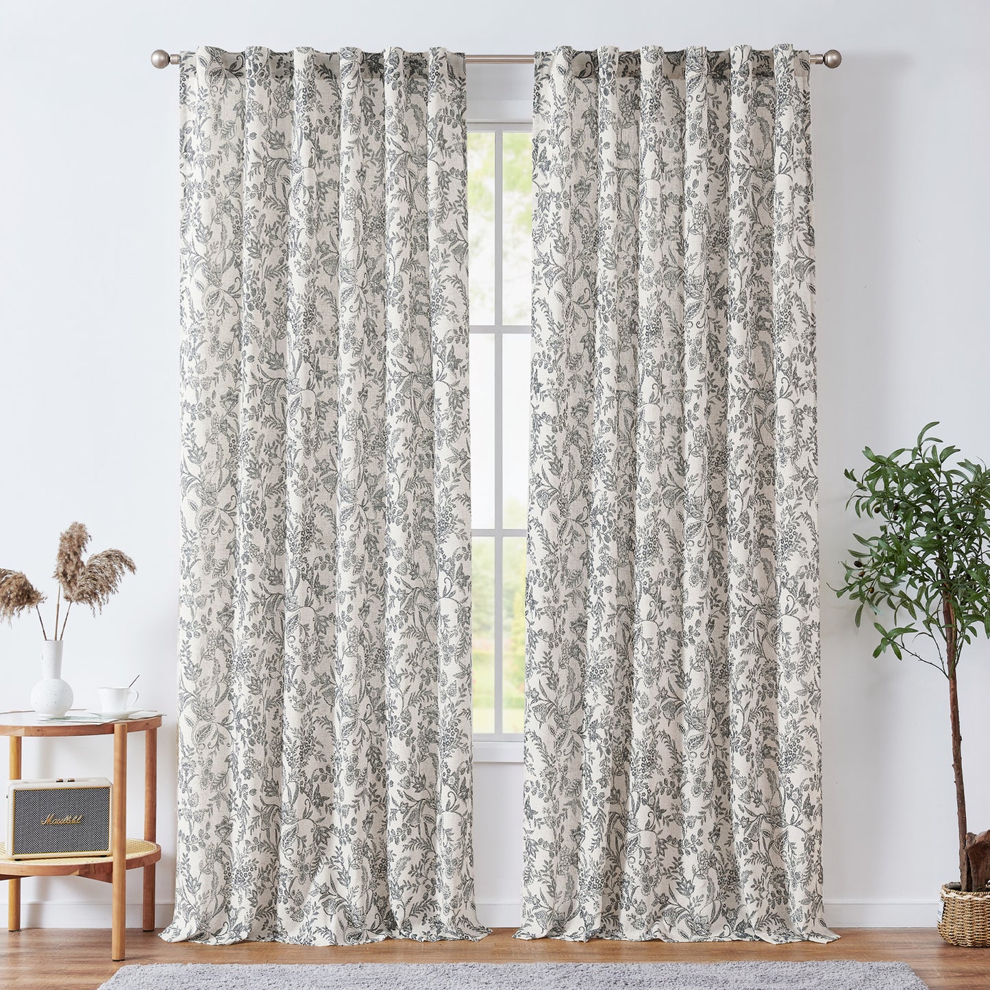 Curtainking Floral Curtains Linen Farmhouse Curtains for Living Room Country Curtains Back Tab Semi Sheer Curtains Light Filtering 2 Panels
