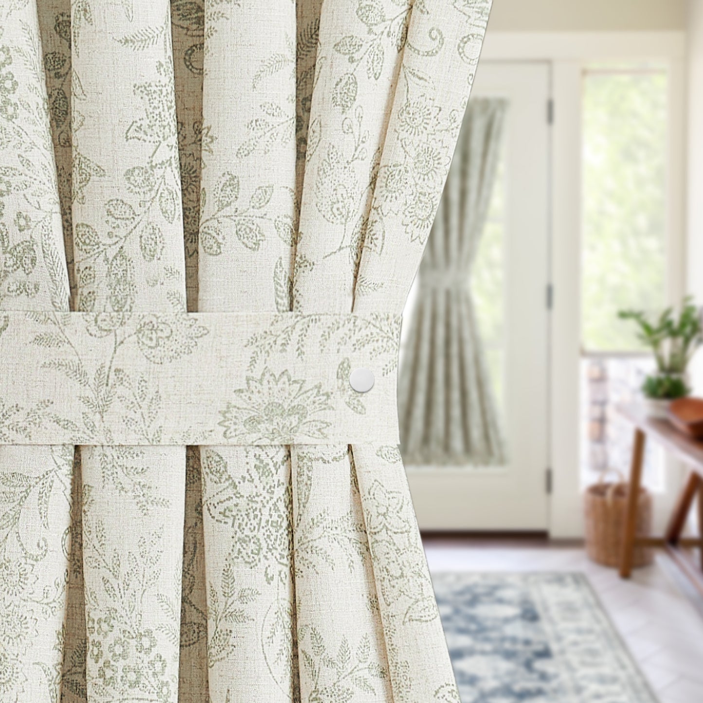 CURTAINKING French Door Curtains Panel Farmhouse Linen Rod Pocket Curtains for Door Window Floral Printed, 1 Tieback Included