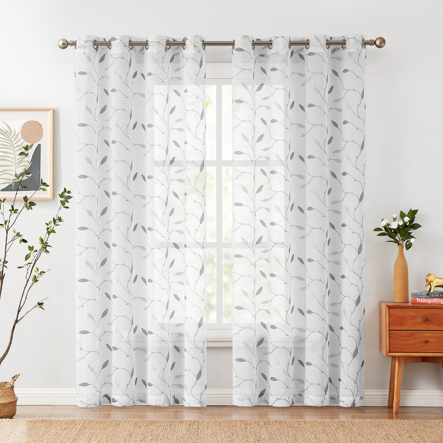 Curtainking Sheer Curtains Embroidered Leaf Window Curtains for Living Room Grommet Top 2 Panels Voile Drapes for Bedroom
