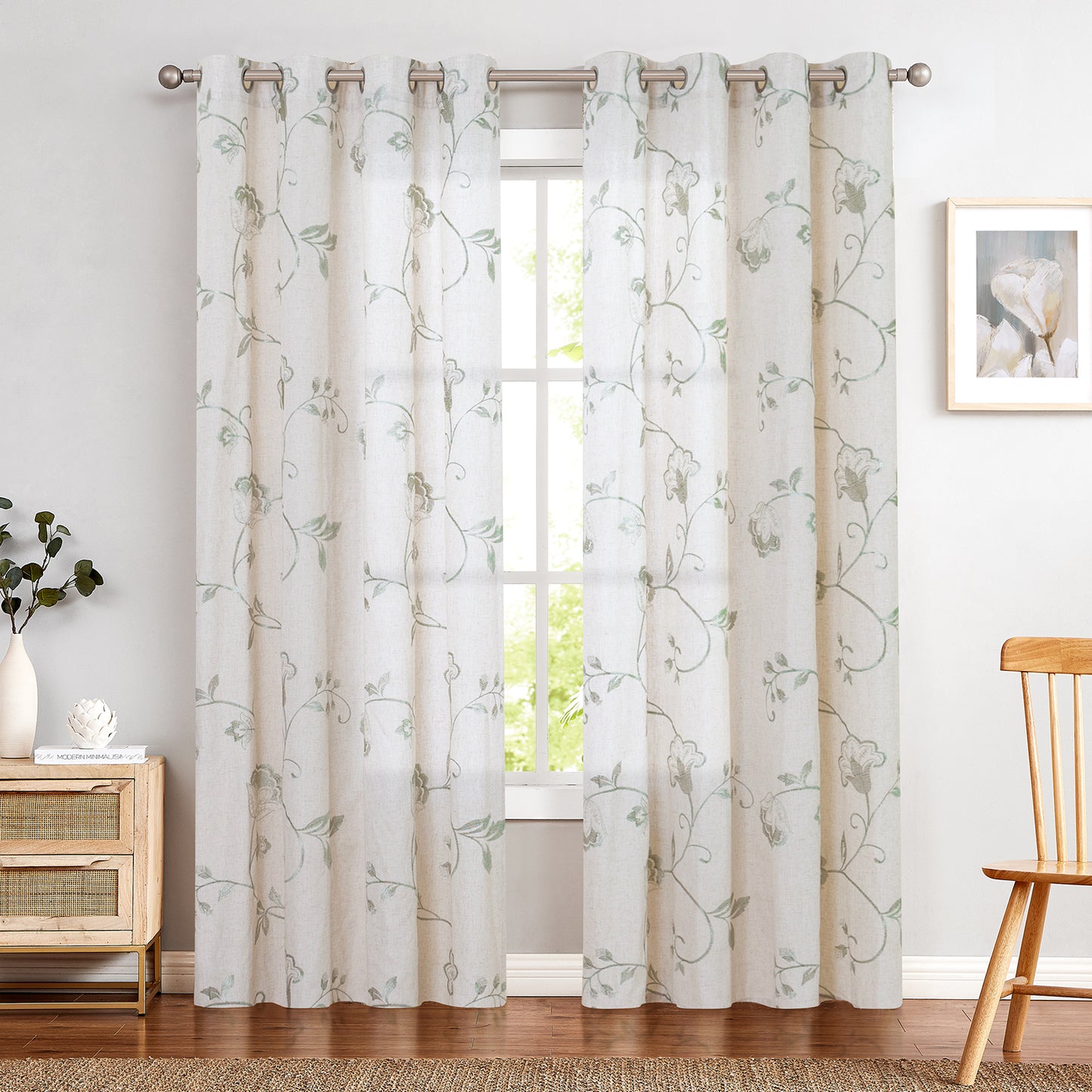 Curtainking Linen Curtains Floral Embroidery Farmhouse Light Filtering Grommet Curtain Panels 2 Pcs