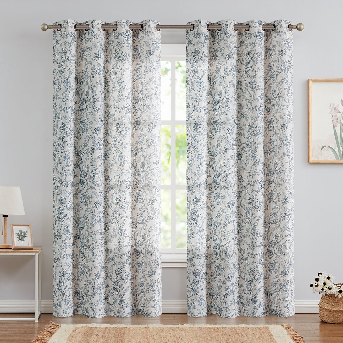 Curtainking Floral Curtains Linen Farmhouse Curtains for Living Room Country Curtains Grommet Top Semi Sheer Curtains Light Filtering 2 Panels