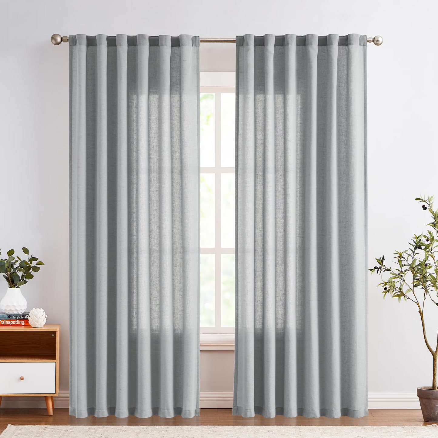 Curtainking Linen Farmhouse Curtains Back Tab Curtains and Drapes for Living Room Bedroom  Rod Pocket Light Filtering Curtains Pack of 2