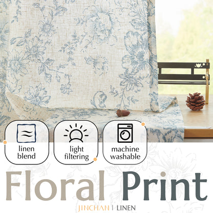 CURTAINKING Linen Curtains Floral Curtains for Living Room Curtains Rod Pocket Back Tab Farmhouse Peony Flower Patterned Drapes Bedroom Window Curtain Set 2 Panels