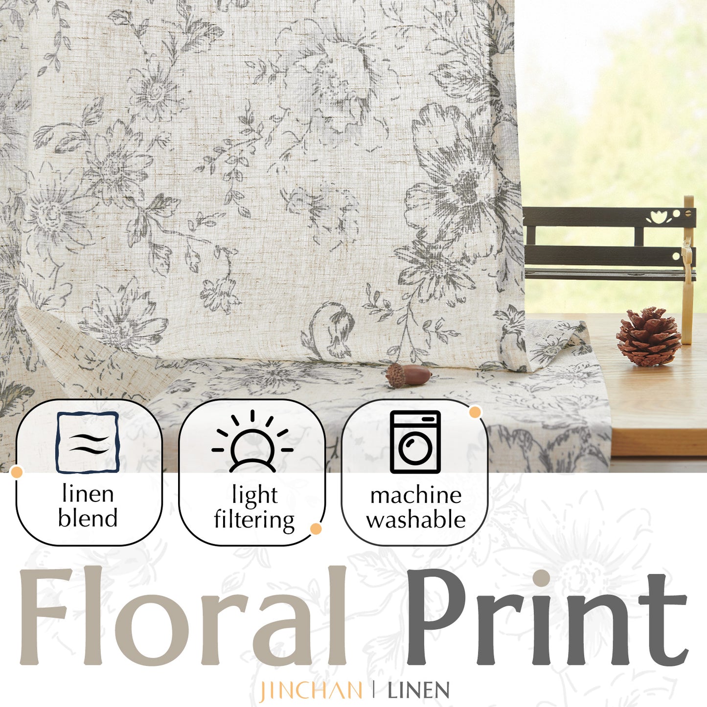 CURTAINKING Linen Curtains Floral Curtains for Living Room Curtains Rod Pocket Back Tab Farmhouse Peony Flower Patterned Drapes Bedroom Window Curtain Set 2 Panels