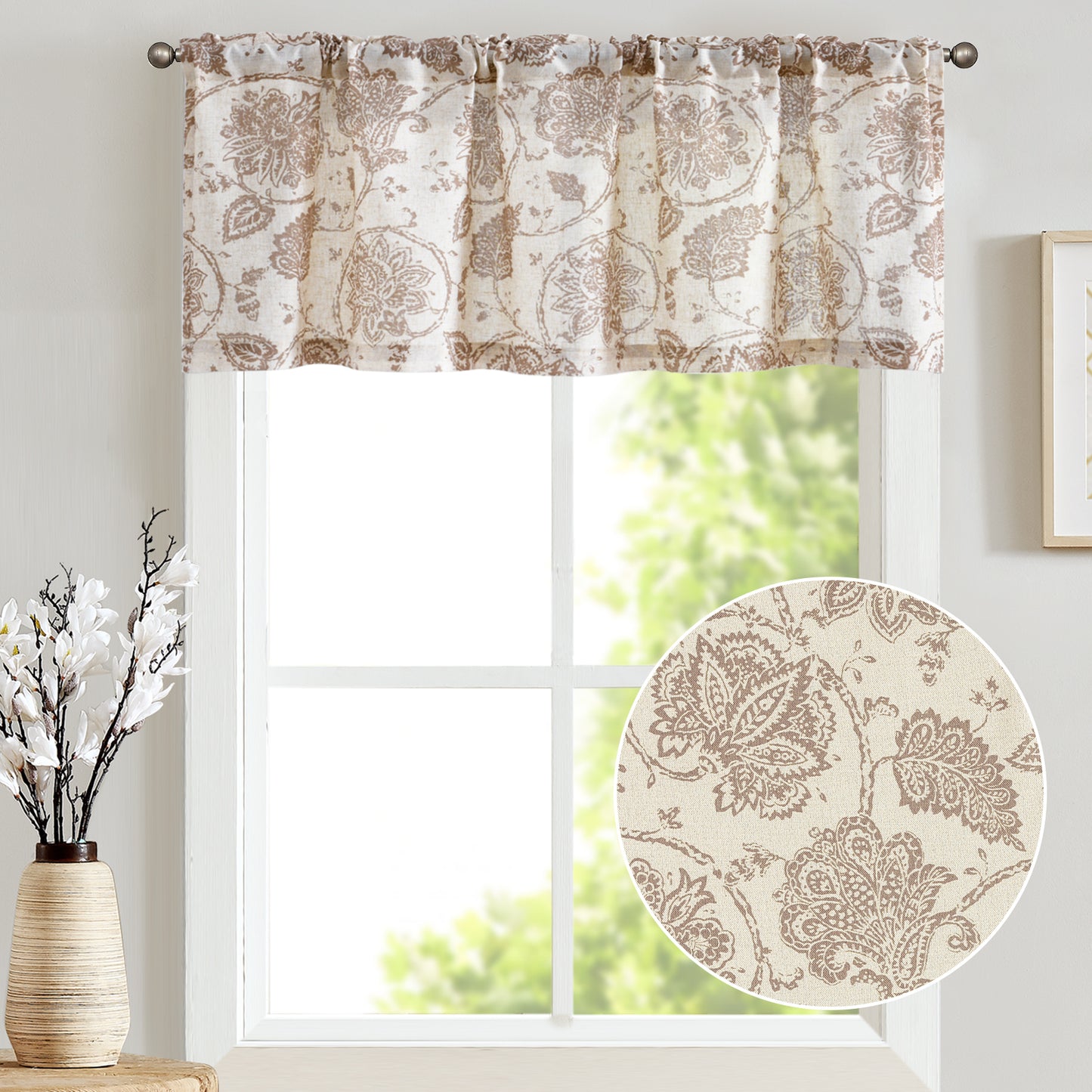 Curtainking Kitchen Valance  Linen Textured Floral Printed Small Window Valance 1 Panel
