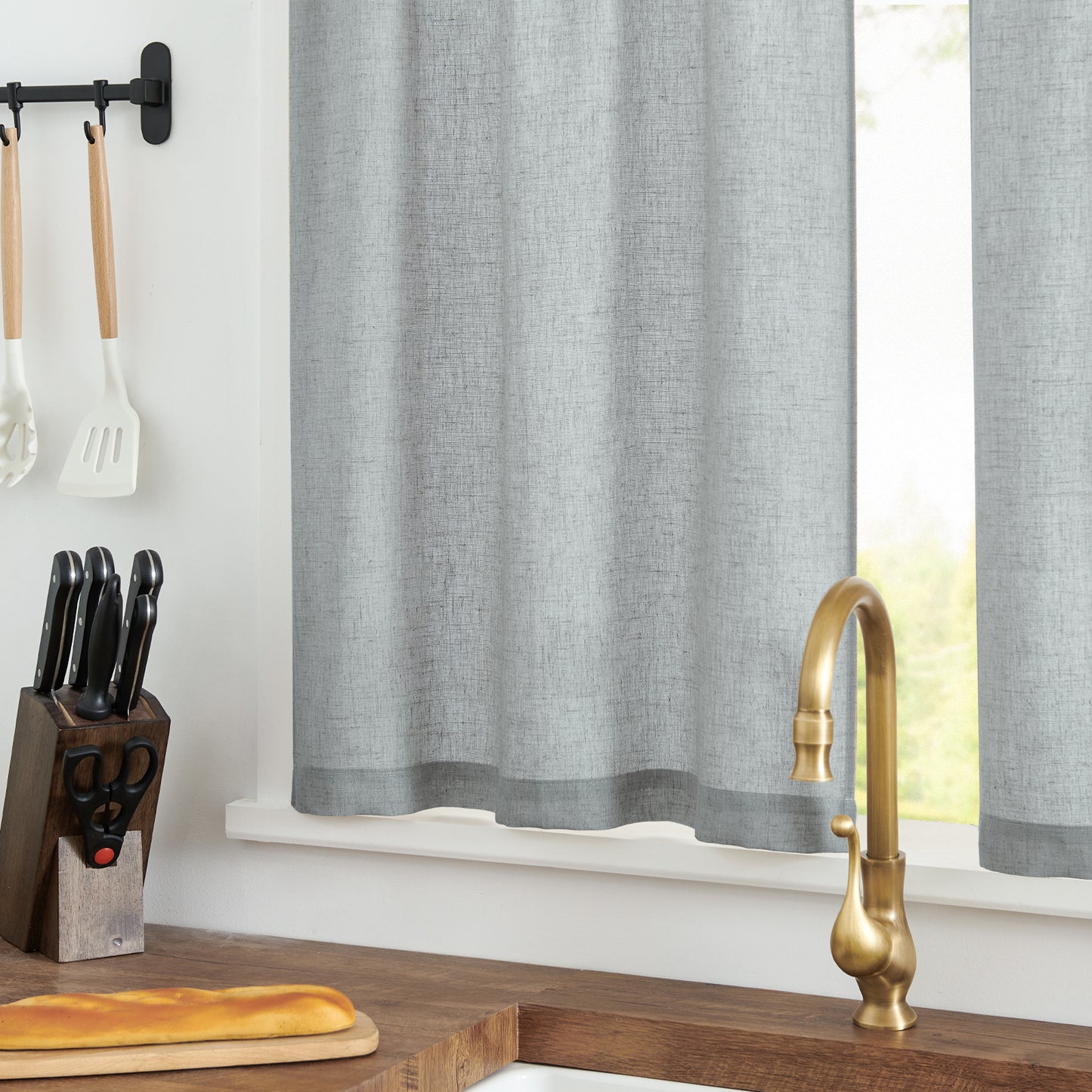 Curtainking Farmhouse Rod Pocket Semi-Sheer Cafe Curtains, Linen Textured Window Curtains, 2 Panels