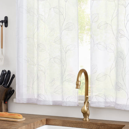 Curtainking Kitchen Curtains Leaf Embroidered Sheer Kitchen Windows Small Cafe Curtains Rod Pocket 2 Panels